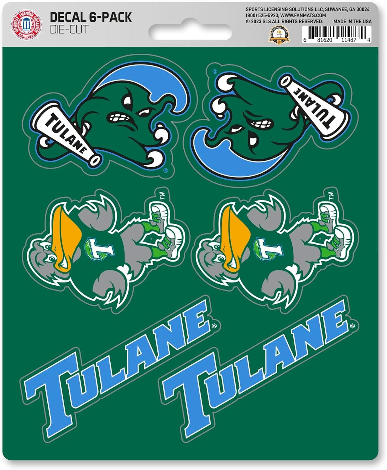 Tulane University Green Wave 6-Piece Decal Sticker Set, 5x6 Inch Sheet, Gift for football fans for any hard surfaces around home, automotive, personal items