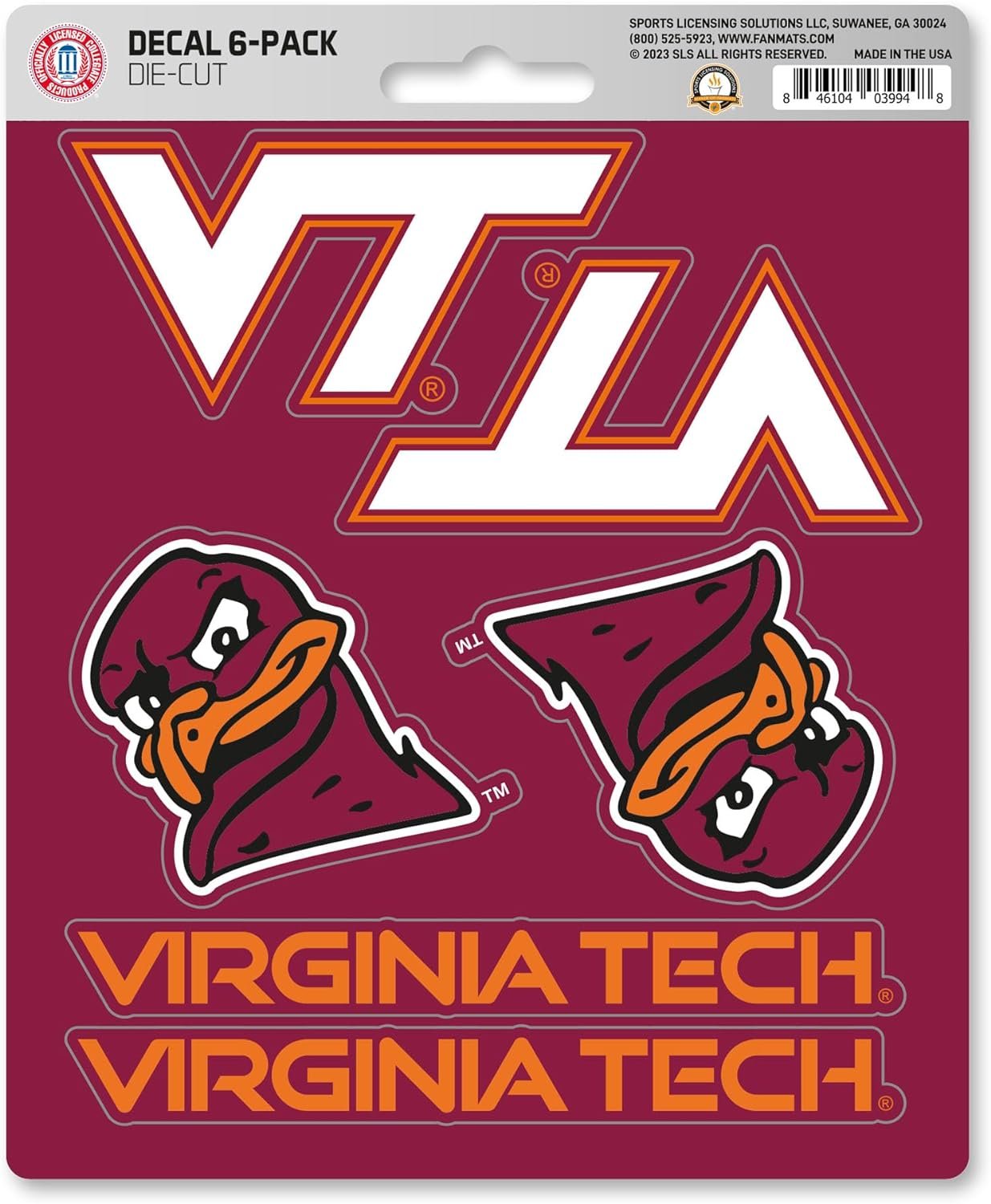 Virginia Tech Hokies 6-Piece Decal Sticker Set, 5x6 Inch Sheet, Gift for football fans for any hard surfaces around home, automotive, personal items