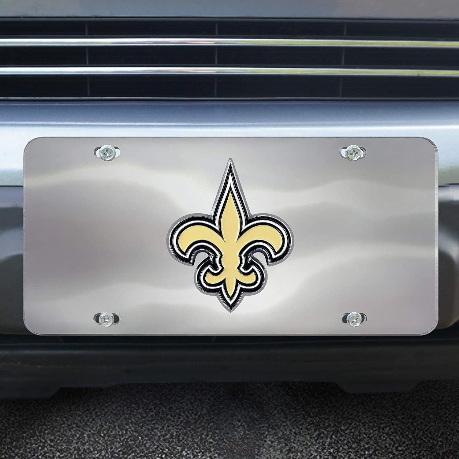 New Orleans Saints License Plate Tag, Premium Stainless Steel Diecast, Chrome, Raised Solid Metal Color Emblem, 6x12 Inch
