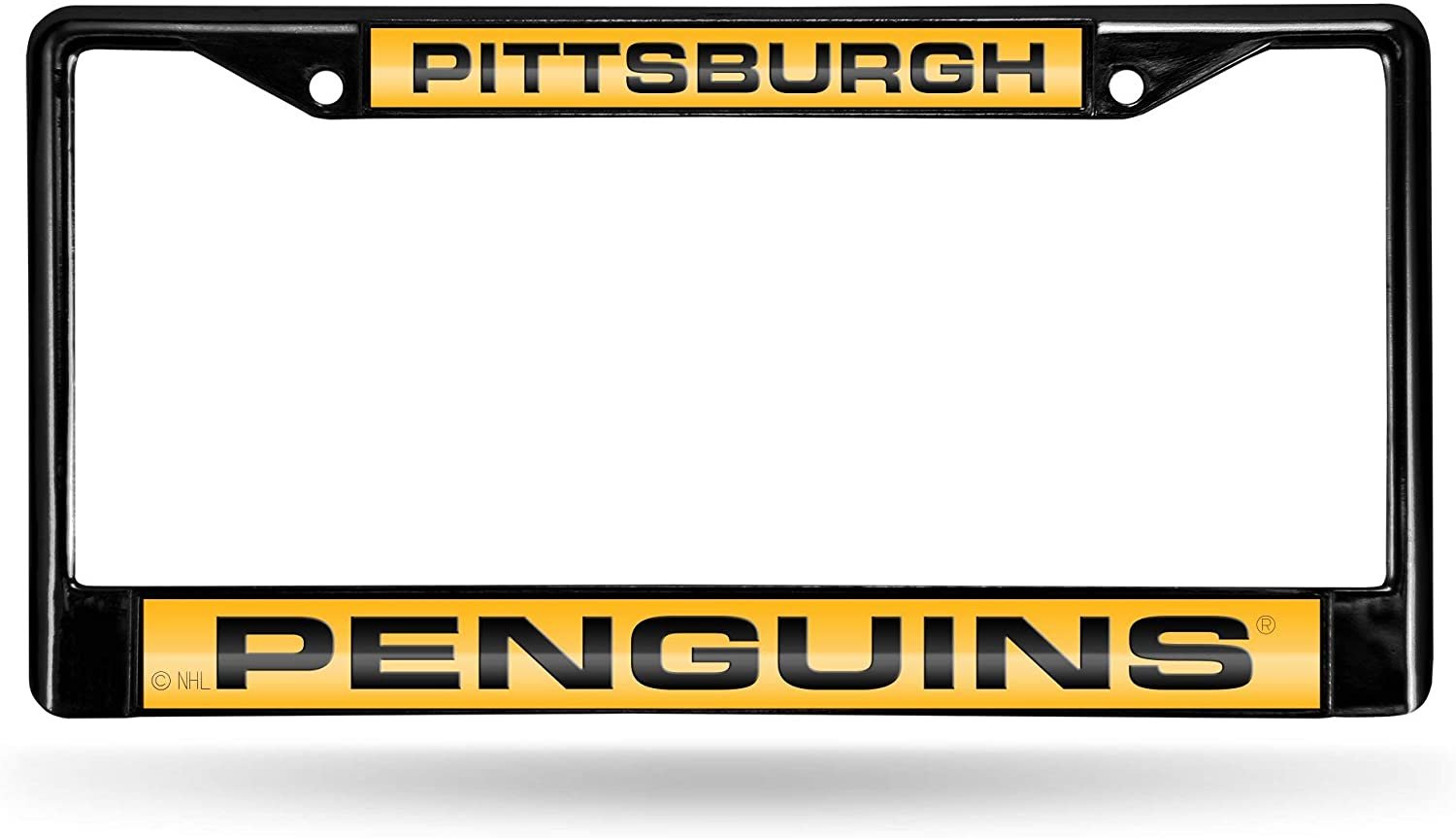 Pittsburgh Penguins Black Metal License Plate Frame Tag Cover, Laser Acrylic Mirrored Inserts, 12x6 Inch