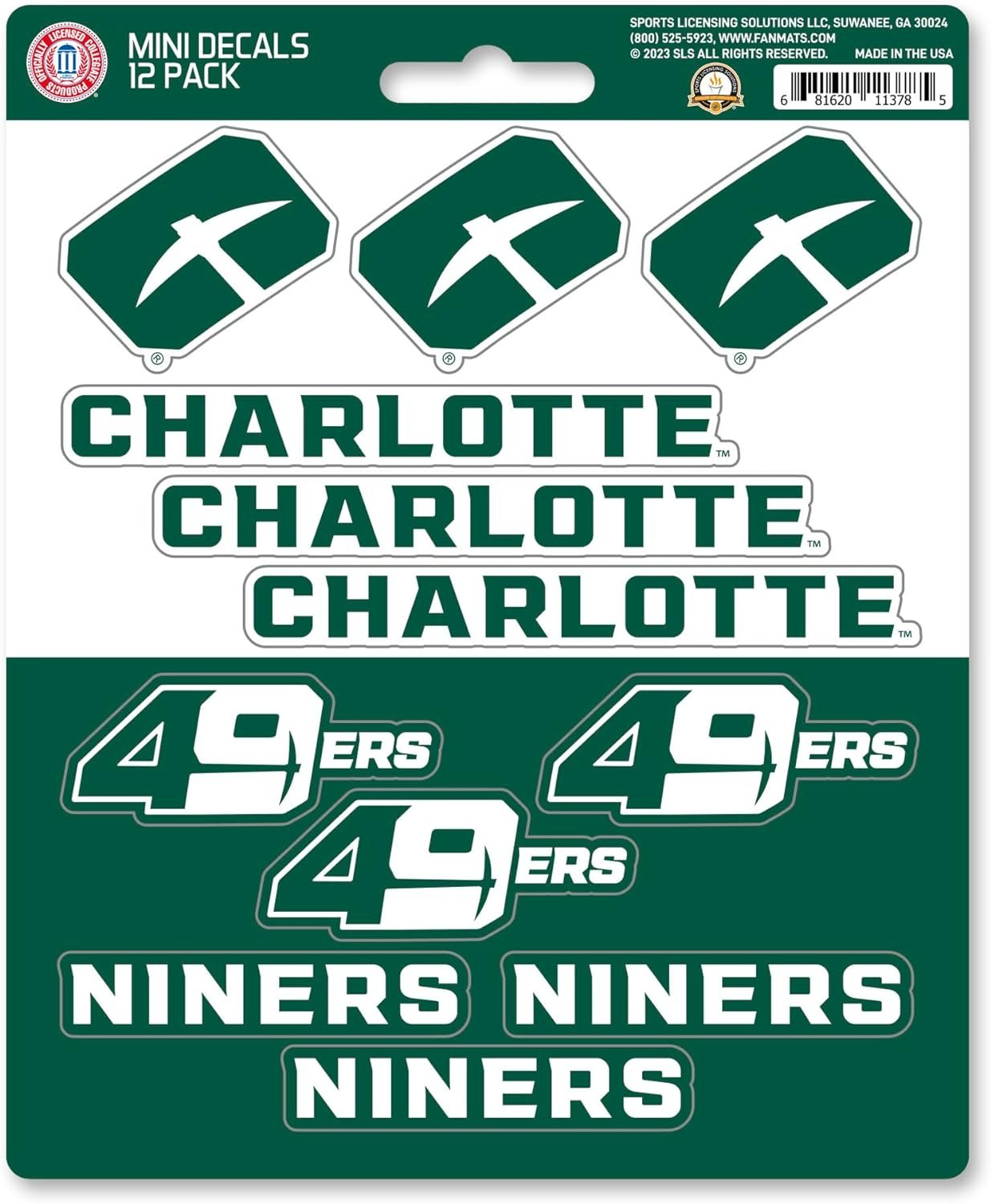 University of North Carolina Charlotte 49ers 12-Piece Mini Decal Sticker Set, 5x6 Inch Sheet, Gift for football fans for any hard surfaces around home, automotive, personal items