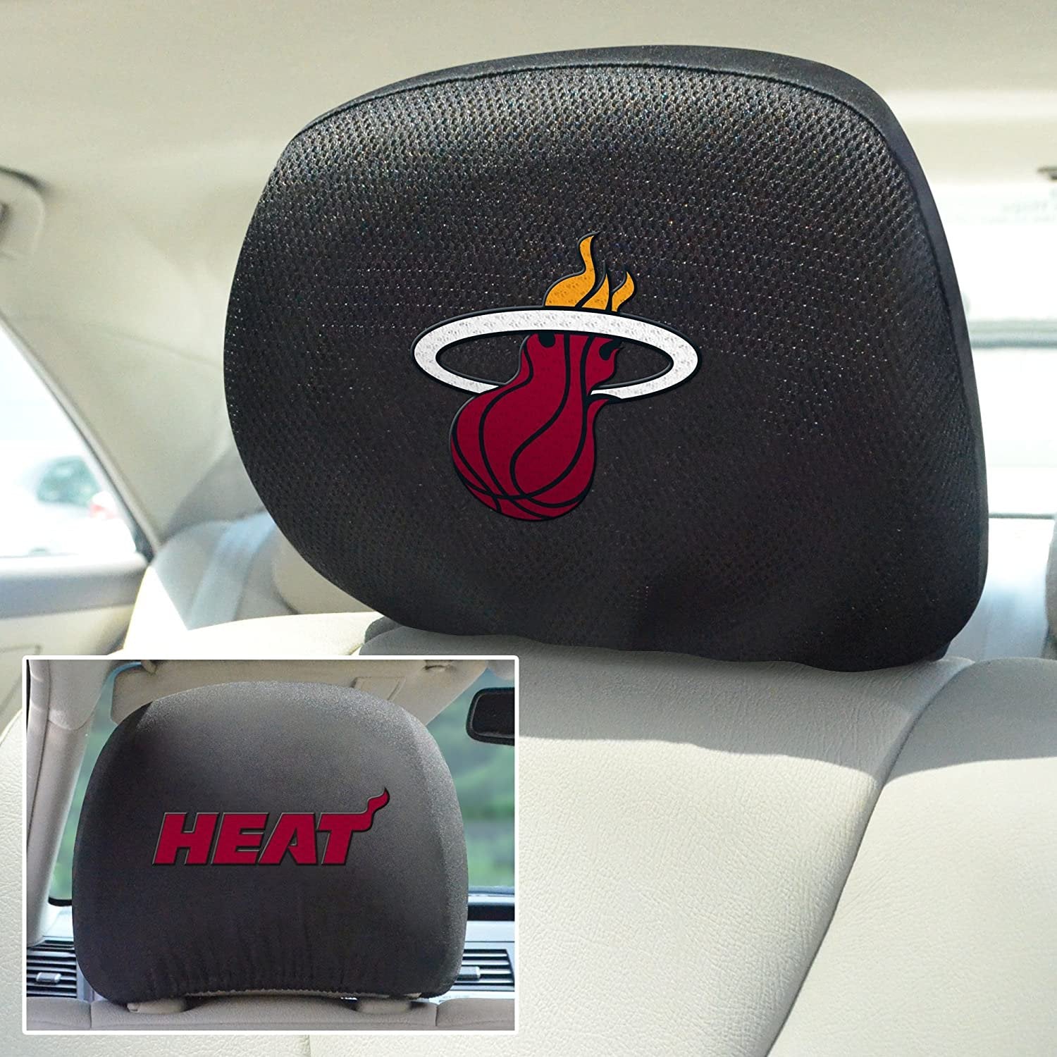 Miami Heat Pair of Premium Auto Head Rest Covers, Embroidered, Black Elastic, 14x10 Inch