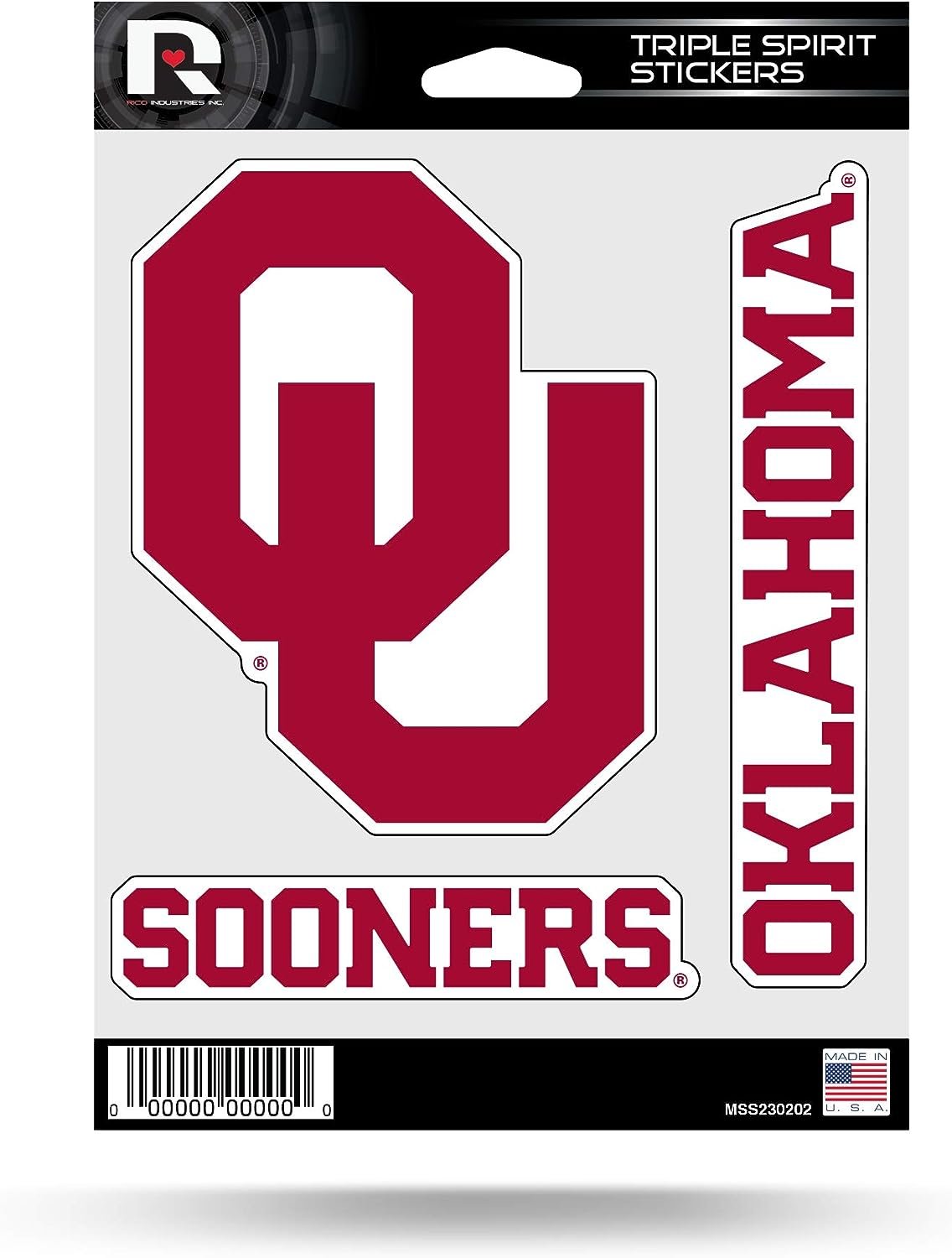 University of Oklahoma Sooners Multi Sticker Triple Decal Sheet, 5x7 Inch, Flat Vinyl, Auto Home