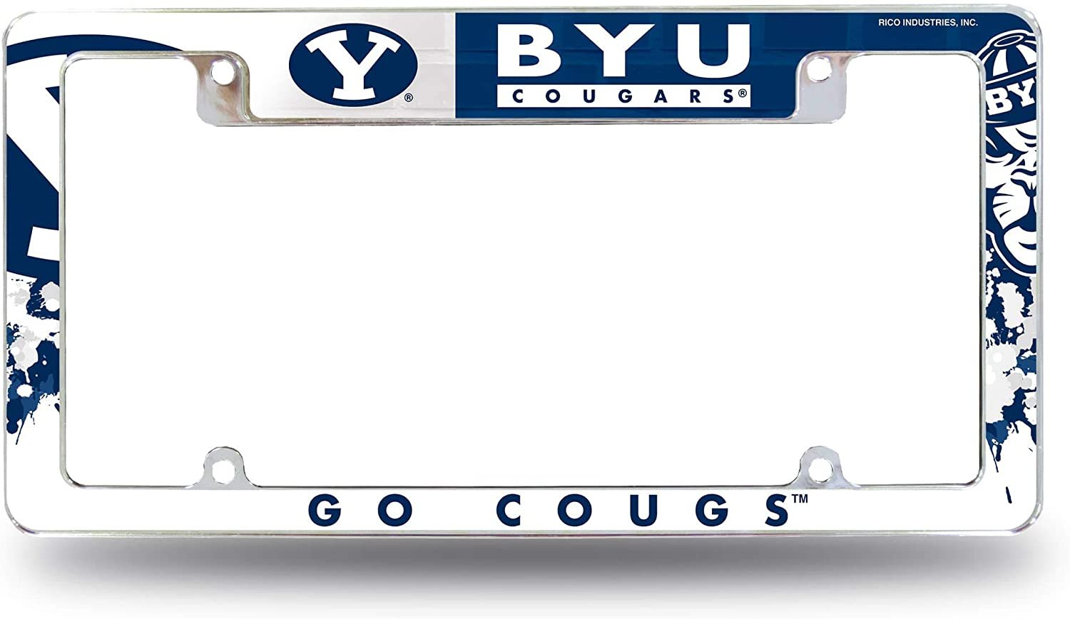 Brigham Young University Cougars BYU Metal License License Plate Frame Tag Cover, All Over Design, 12x6 Inch