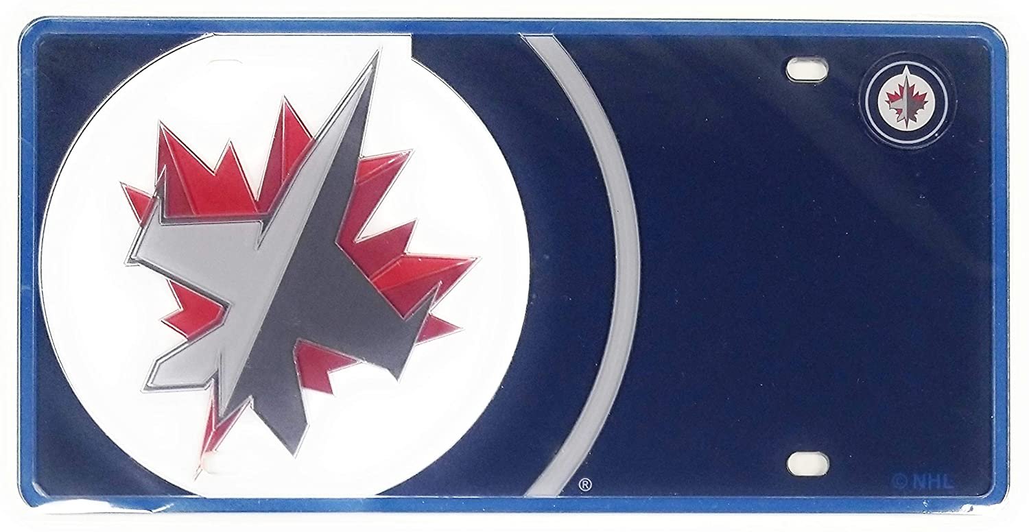 Winnipeg Jets Premium Laser Cut Tag License Plate, Mega Logo, Mirrored Acrylic Inlaid, 12x6 Inch
