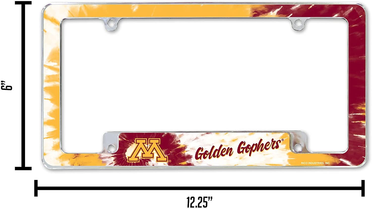 University of Minnesota Golden Gophers Metal License Plate Frame Chrome Tag Cover Tie Dye Design 6x12 Inch