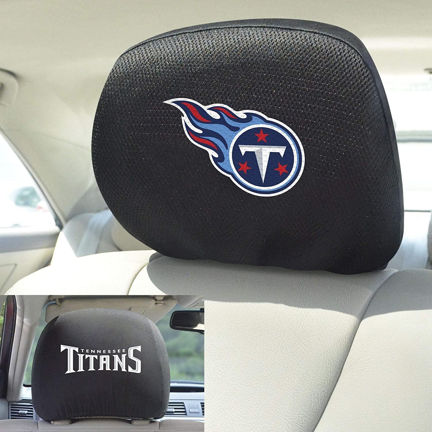 Tennessee Titans Pair of Premium Auto Head Rest Covers, Embroidered, Black Elastic, 14x10 Inch