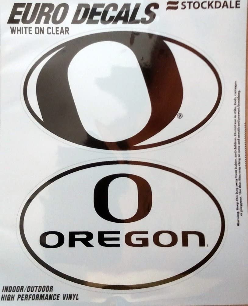 University of Oregon Ducks 2-Piece Euro Decal Sticker Set, White and Clear Color, 4x2.5 Inch Each