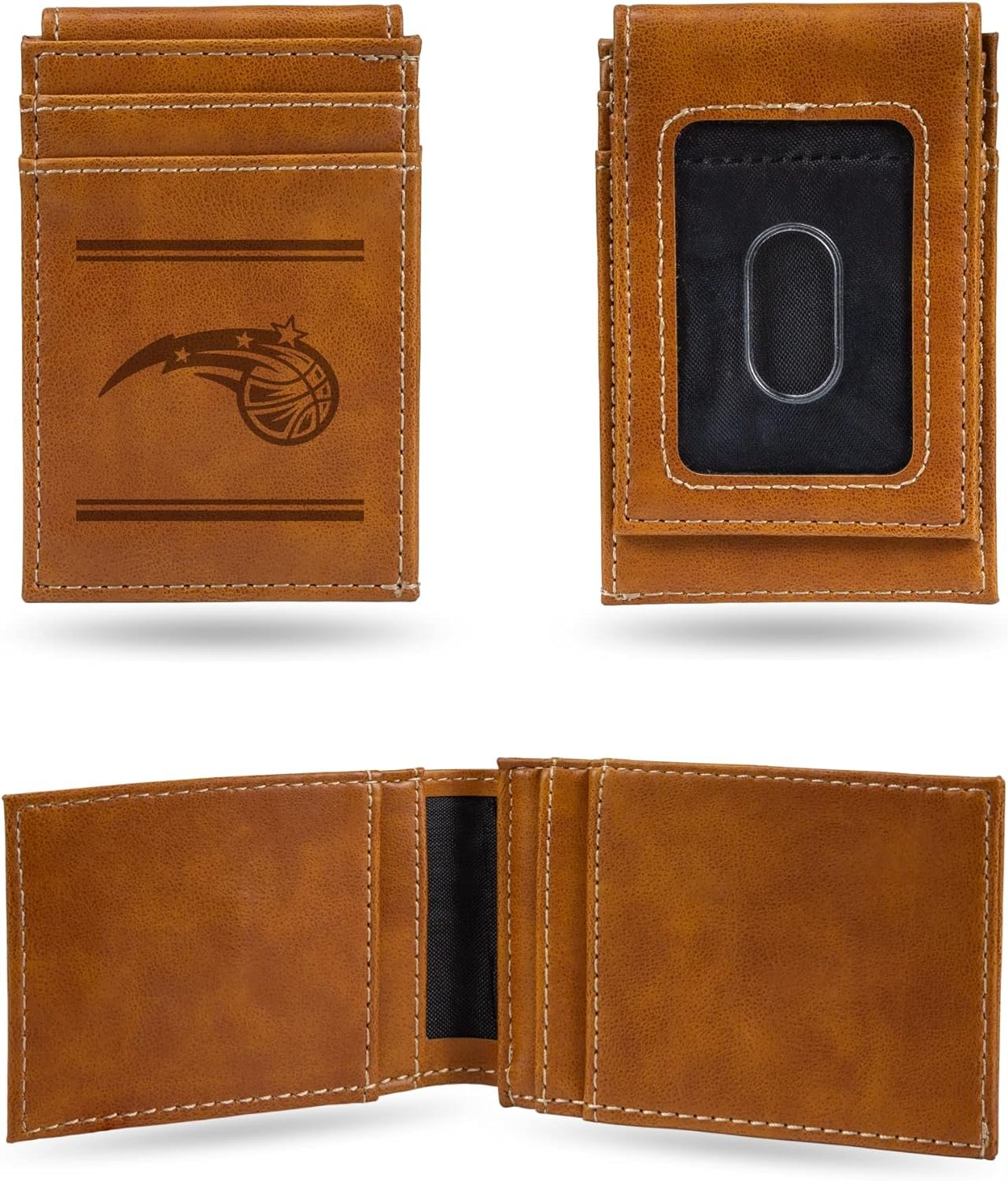 Orlando Magic Premium Brown Leather Wallet, Front Pocket Magnetic Money Clip, Laser Engraved, Vegan