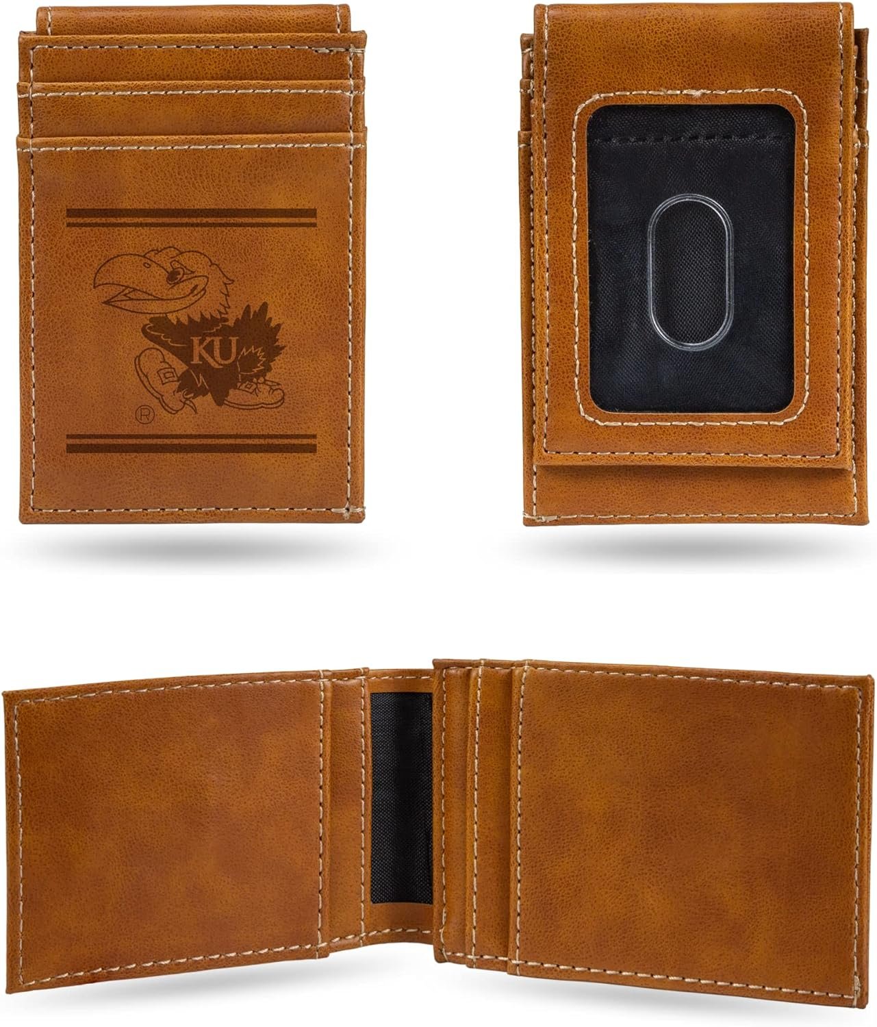 University of Kansas Jayhawks Premium Brown Leather Wallet, Front Pocket Magnetic Money Clip, Laser Engraved, Vegan