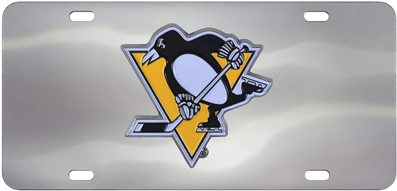 Pittsburgh Penguins License Plate Tag, Premium Stainless Steel Diecast, Chrome, Raised Solid Metal Color Emblem, 6x12 Inch