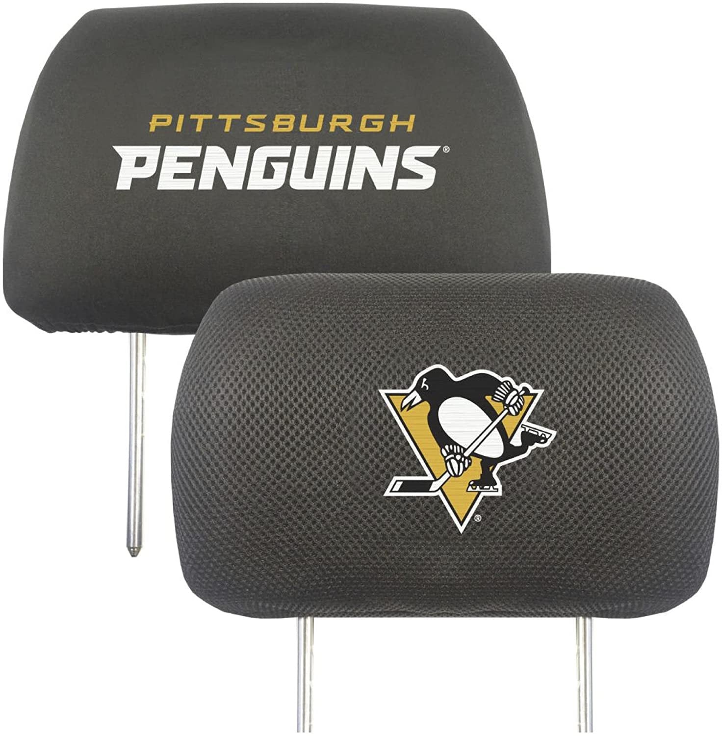 Pittsburgh Penguins Pair of Premium Auto Head Rest Covers, Embroidered, Black Elastic, 14x10 Inch
