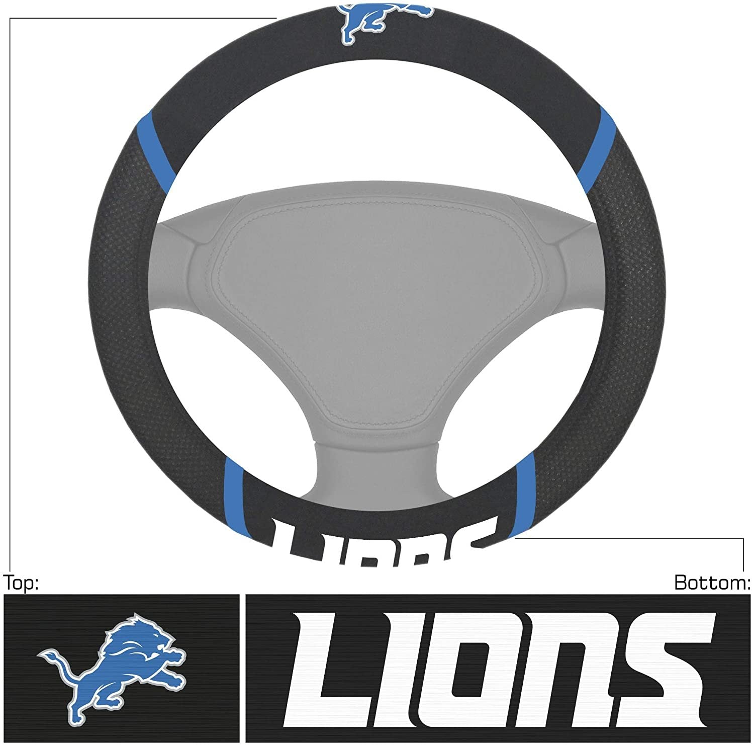 Detroit Lions Steering Wheel Cover Premium Embroidered Black 15 Inch