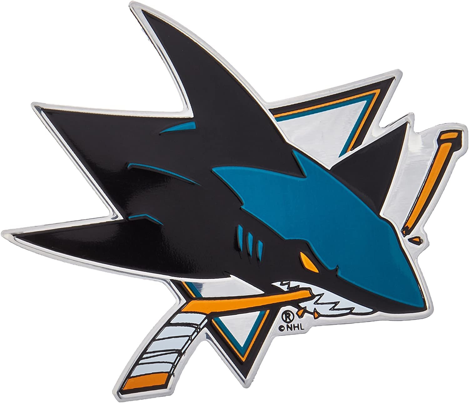 San Jose Sharks Auto Emblem, Aluminum Metal, Embossed Team Color, Raised Decal Sticker, Full Adhesive Backing