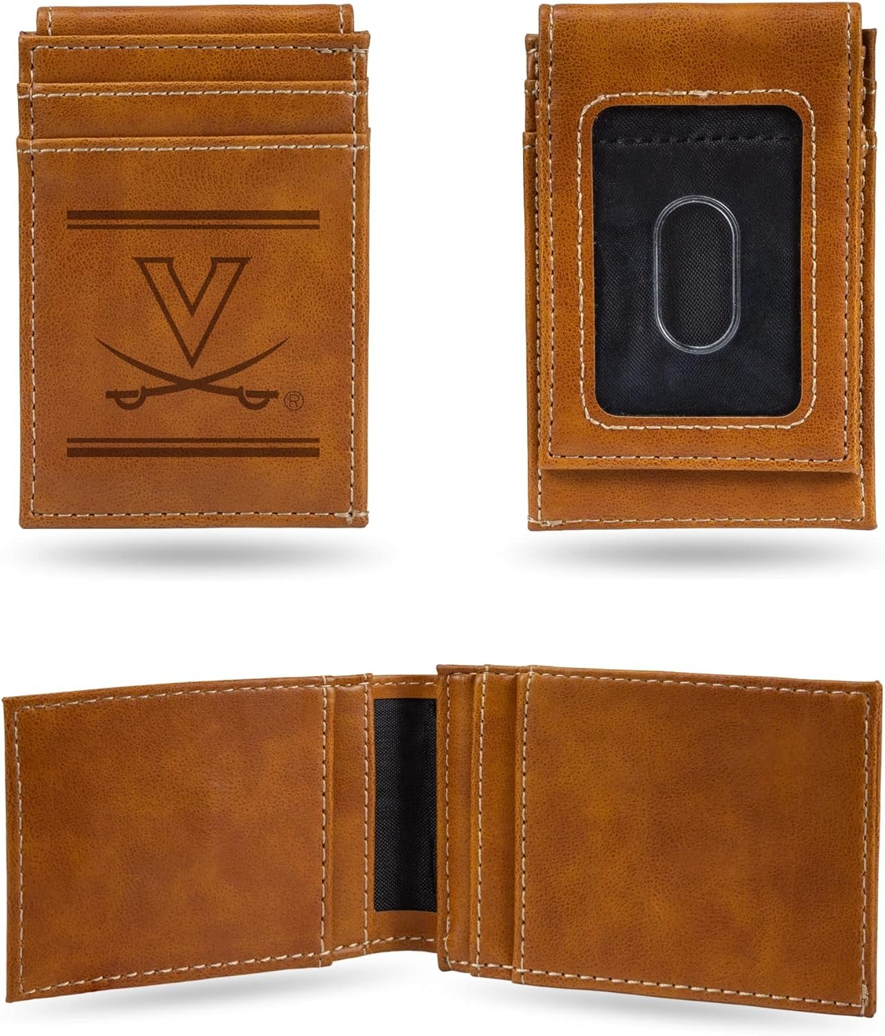University of Virginia Cavaliers Premium Brown Leather Wallet, Front Pocket Magnetic Money Clip, Laser Engraved, Vegan