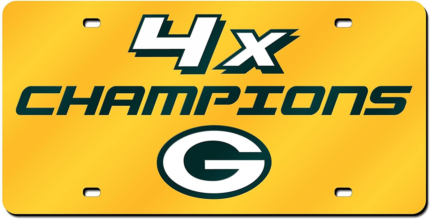 Green Bay Packers 4 Time Super Bowl Champions Premium Laser Cut Tag License Plate, Mirrored Acrylic Inlaid, 6x12 Inch