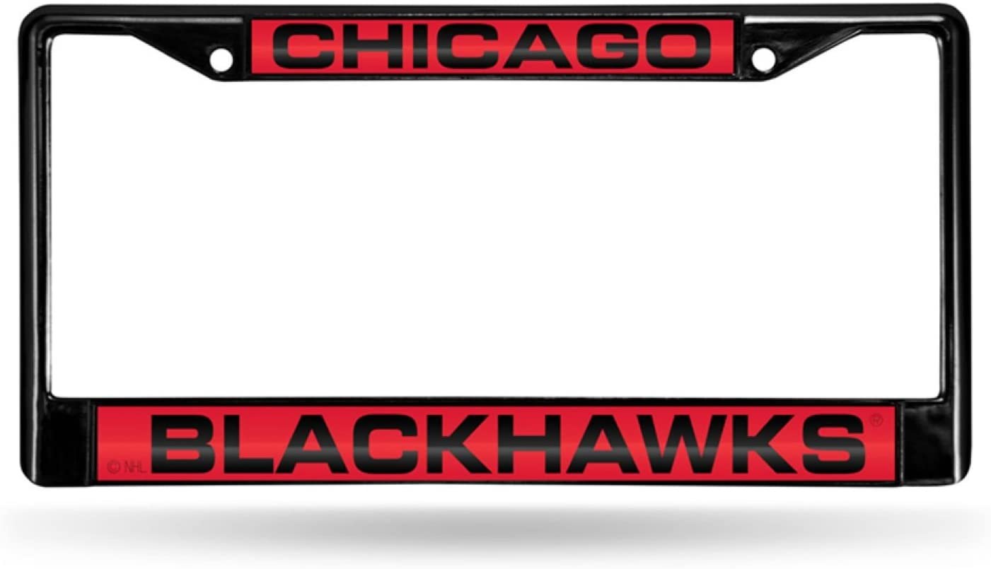 Chicago Blackhawks Metal License Plate Frame Chrome Tag Cover, Laser Acrylic Mirrored Inserts, 12x6 Inch