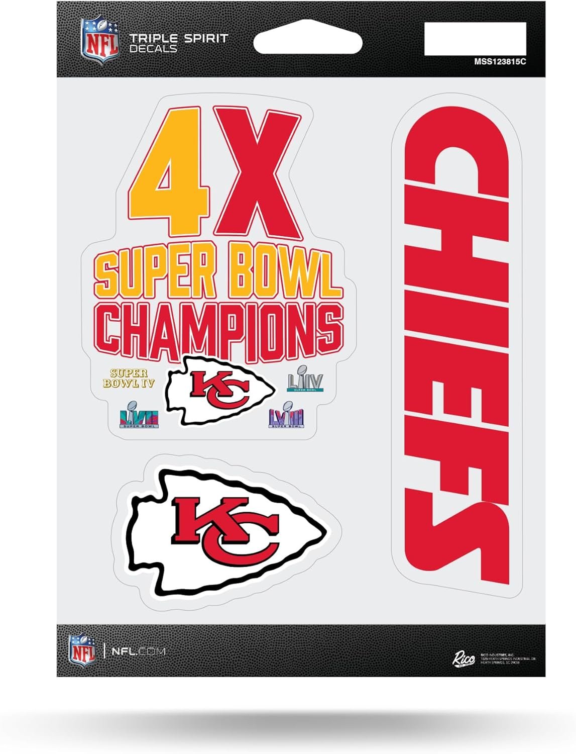 Kansas City Chiefs 4X Super Bowl Champions 5x7 Inch Triple Sticker Sheet, Individual Die Cut Stickers, Home or Auto