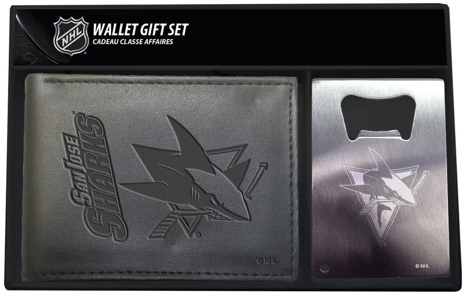 San Jose Sharks Black Leather Bifold Wallet and Bottle Opener Keychain Gift Set
