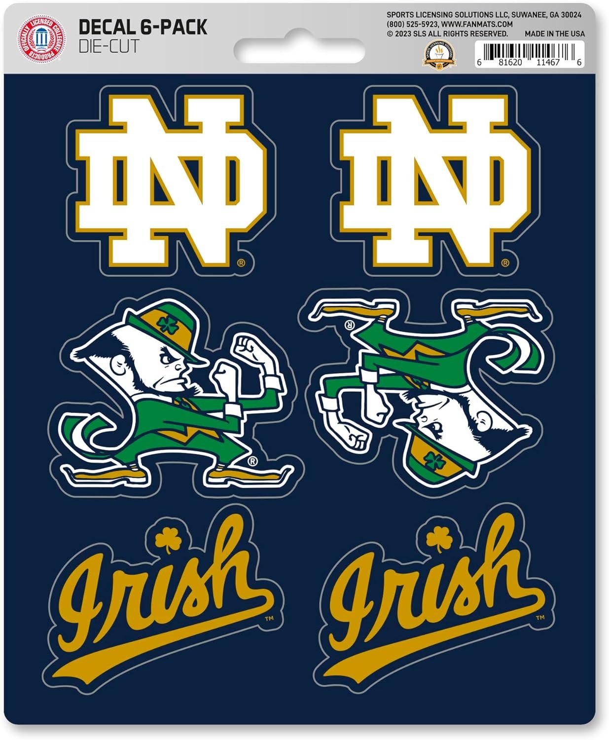 University of Notre Dame Fighting Irish 6-Piece Decal Sticker Set, 5x6 Inch Sheet, Gift for football fans for any hard surfaces around home, automotive, personal items