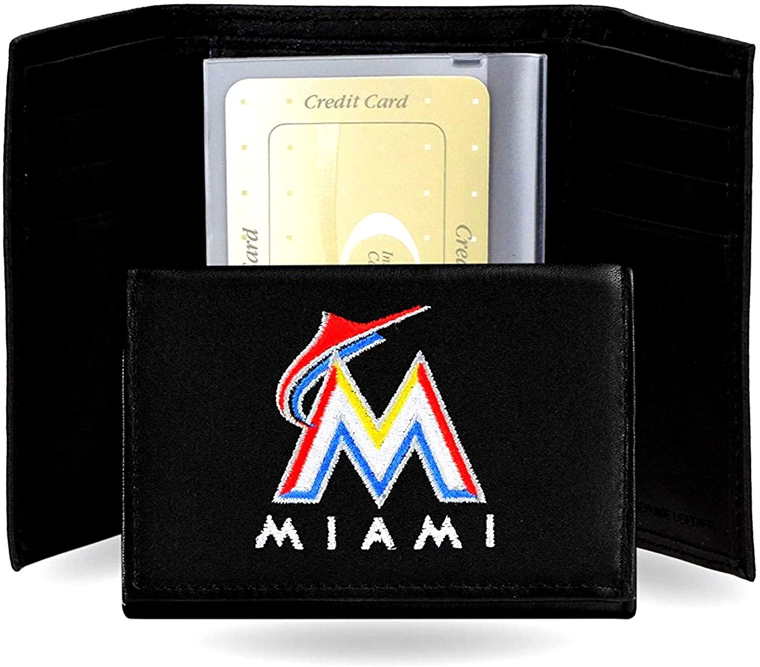 Miami Marlins Premium Black Leather Wallet, Bifold Billfold, Embroidered Logo