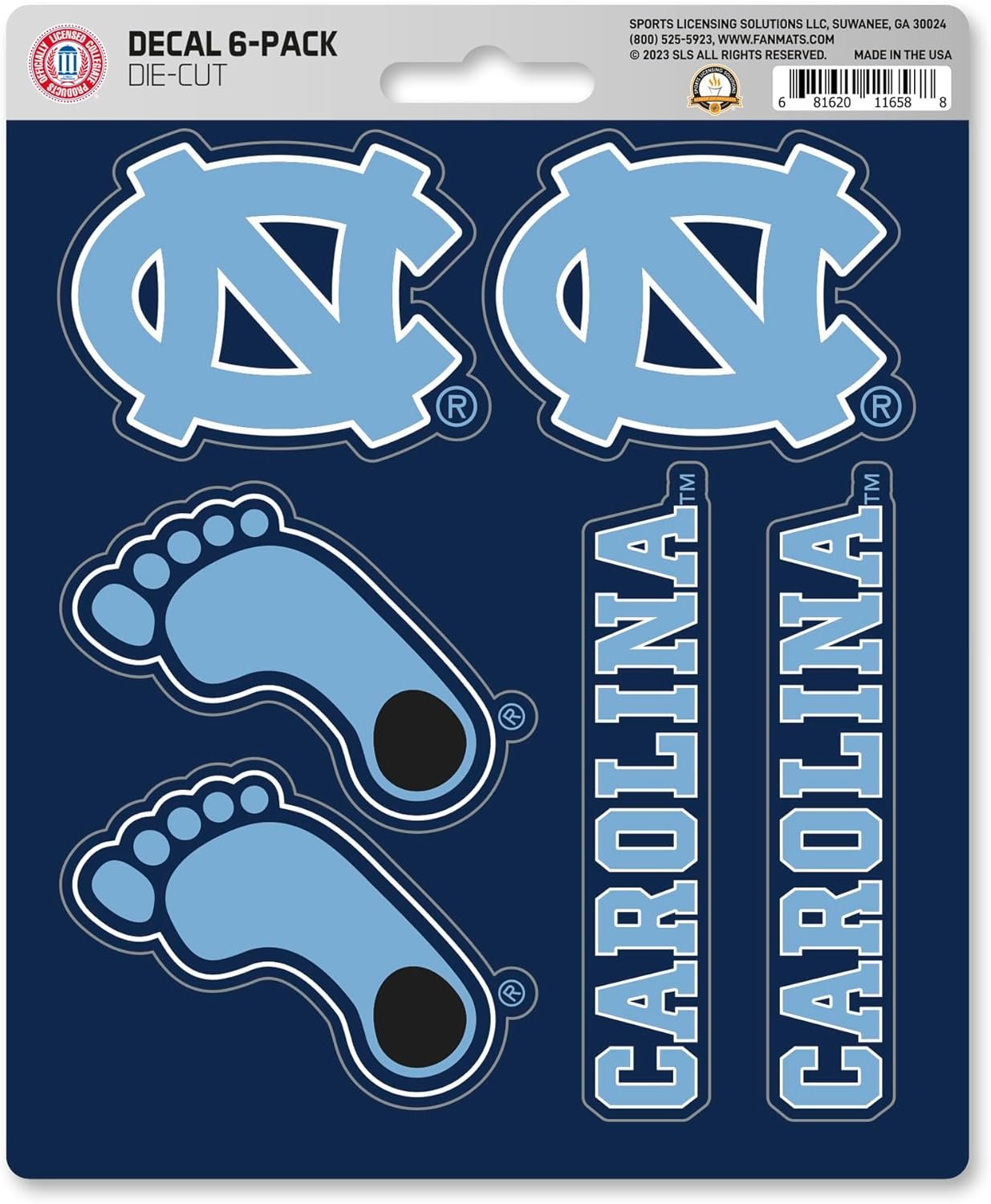 University of North Carolina Tar Heels 6-Piece Decal Sticker Set, 5x6 Inch Sheet, Gift for football fans for any hard surfaces around home, automotive, personal items