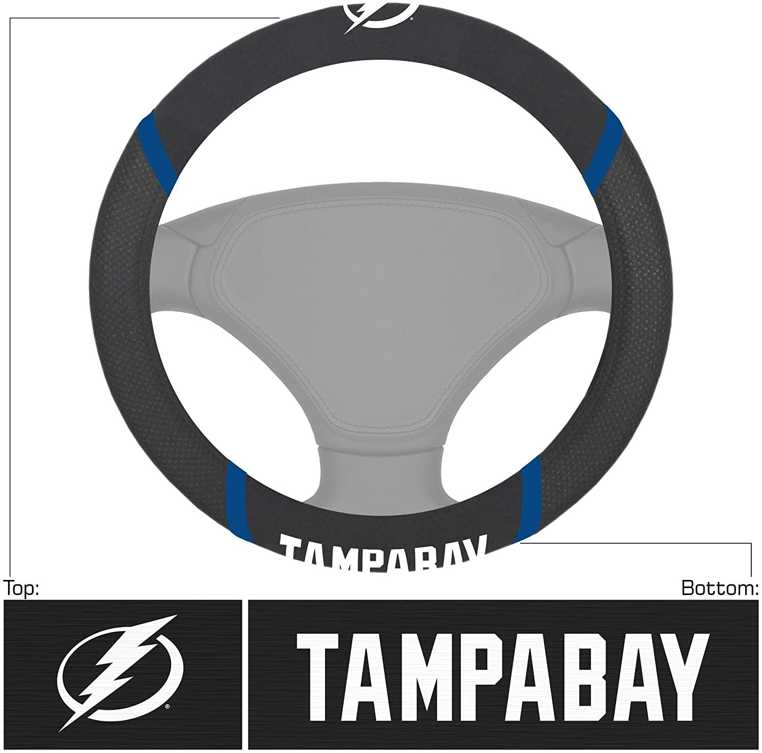 Tampa Bay Lightning Steering Wheel Cover Premium Embroidered Black 15 Inch