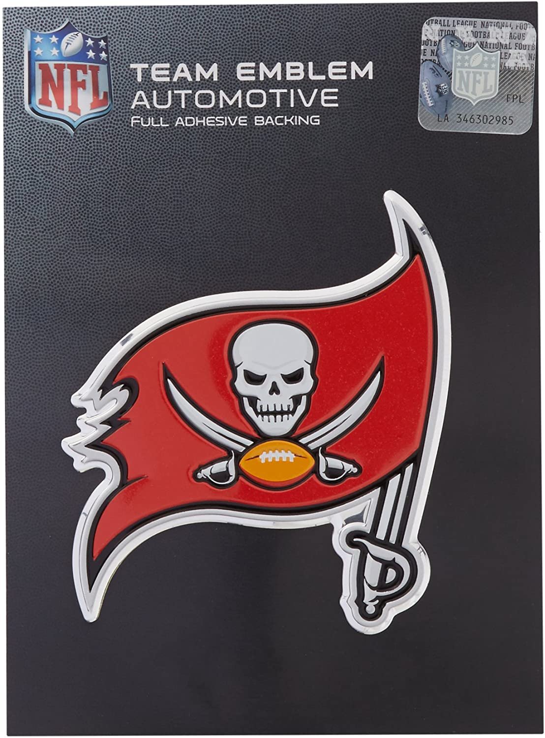 Tampa Bay Buccaneers Auto Emblem, Aluminum Metal, Embossed Team Color, Raised Decal Sticker, Full Adhesive Backing