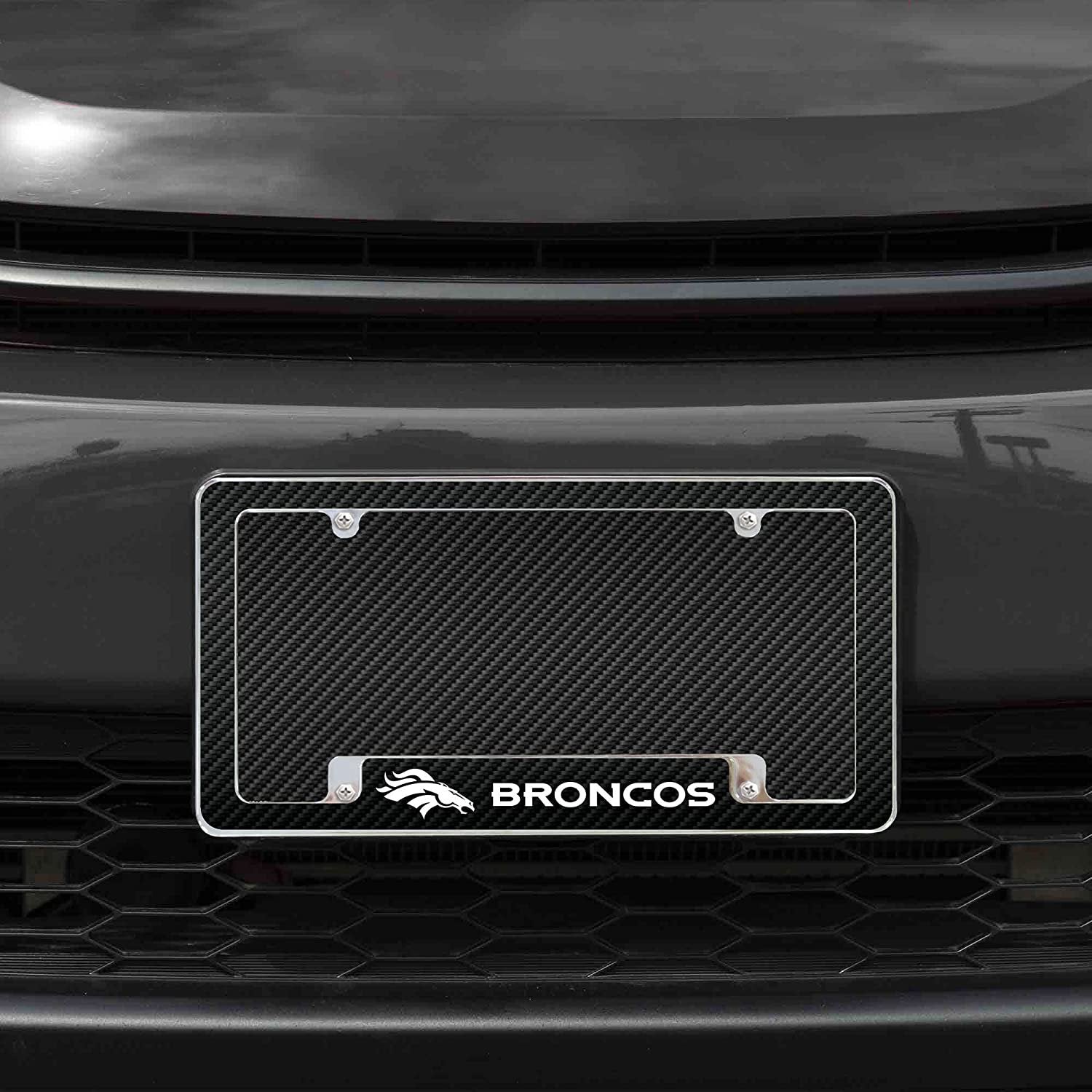Denver Broncos Metal License Plate Frame Chrome Tag Cover Carbon Fiber Design 6x12 Inch