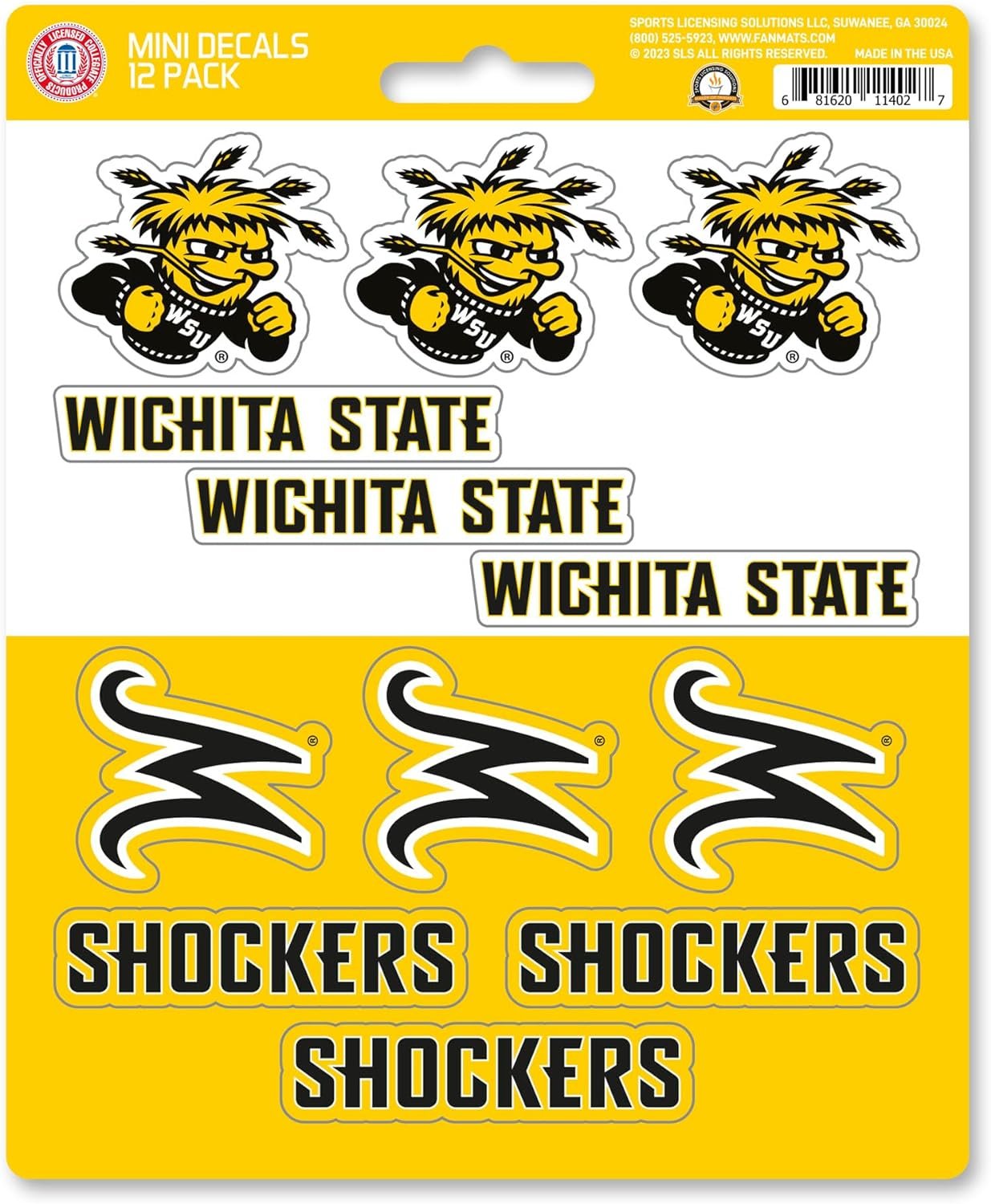 Wichita State University Shockers 12-Piece Mini Decal Sticker Set, 5x6 Inch Sheet, Gift for football fans for any hard surfaces around home, automotive, personal items