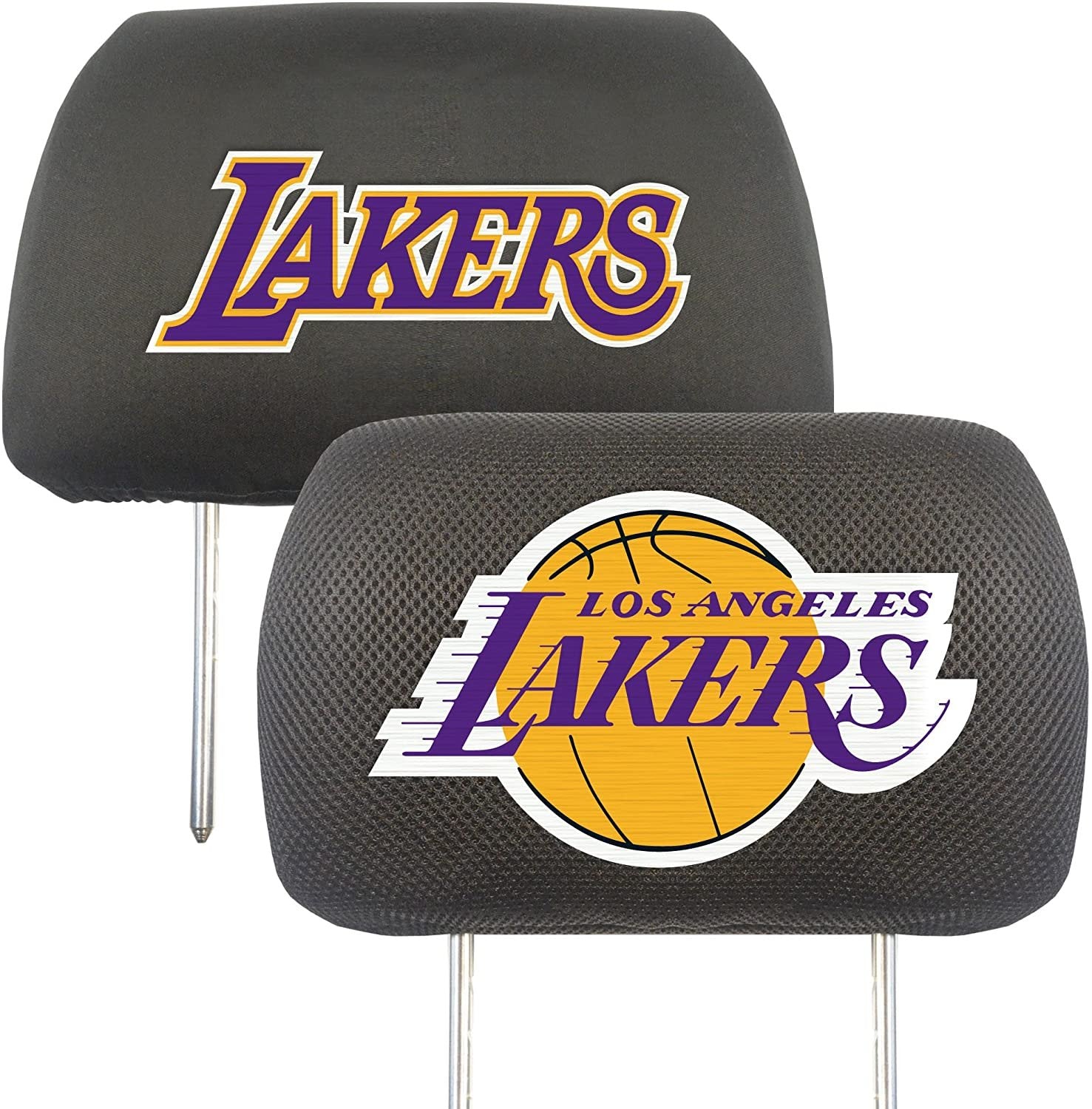 Los Angeles Lakers Pair of Premium Auto Head Rest Covers, Embroidered, Black Elastic, 14x10 Inch