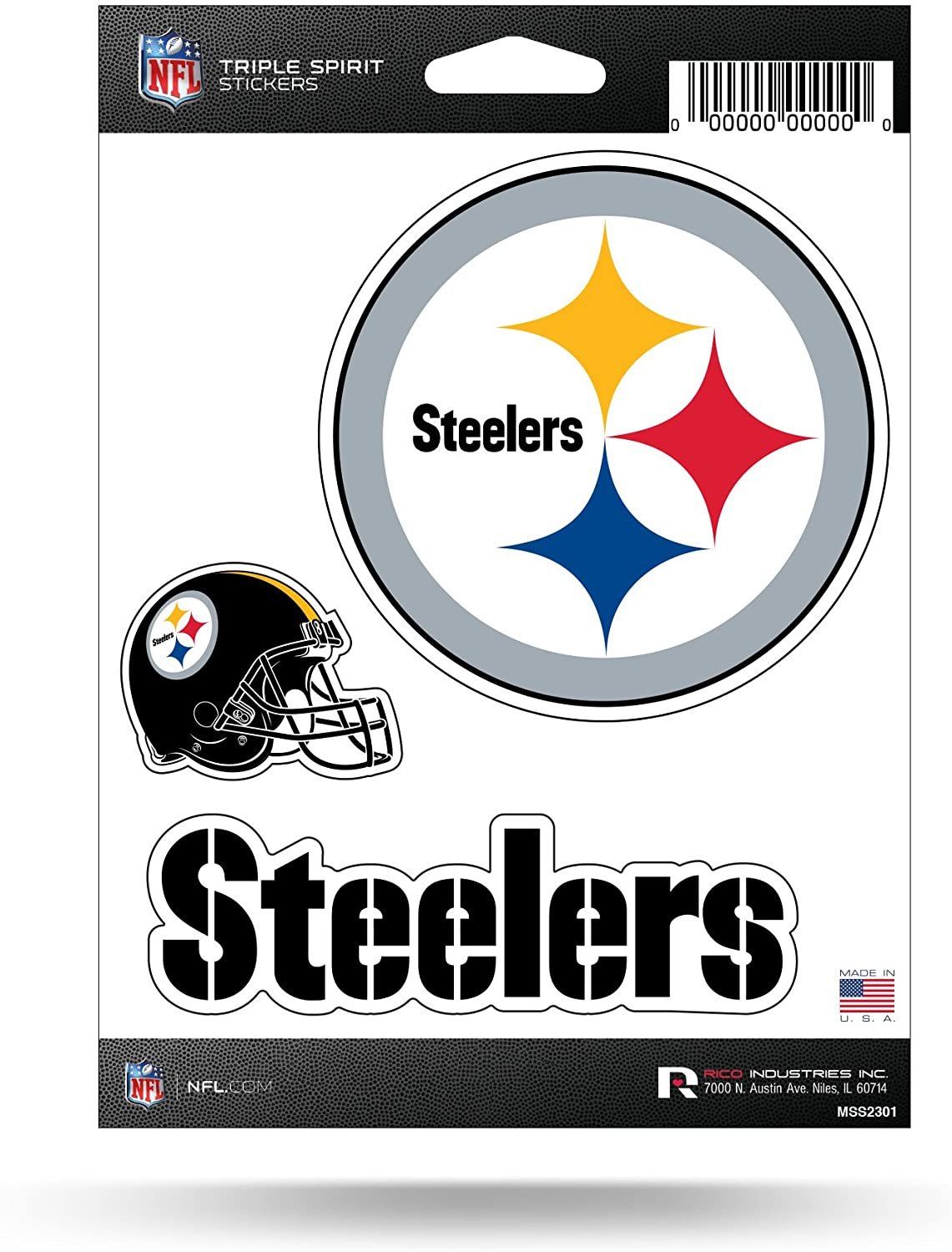 NFL Rico Industries Die Cut 3-Piece Triple Spirit Sticker Sheet, Pittsburgh Steelers , 5 x 7"