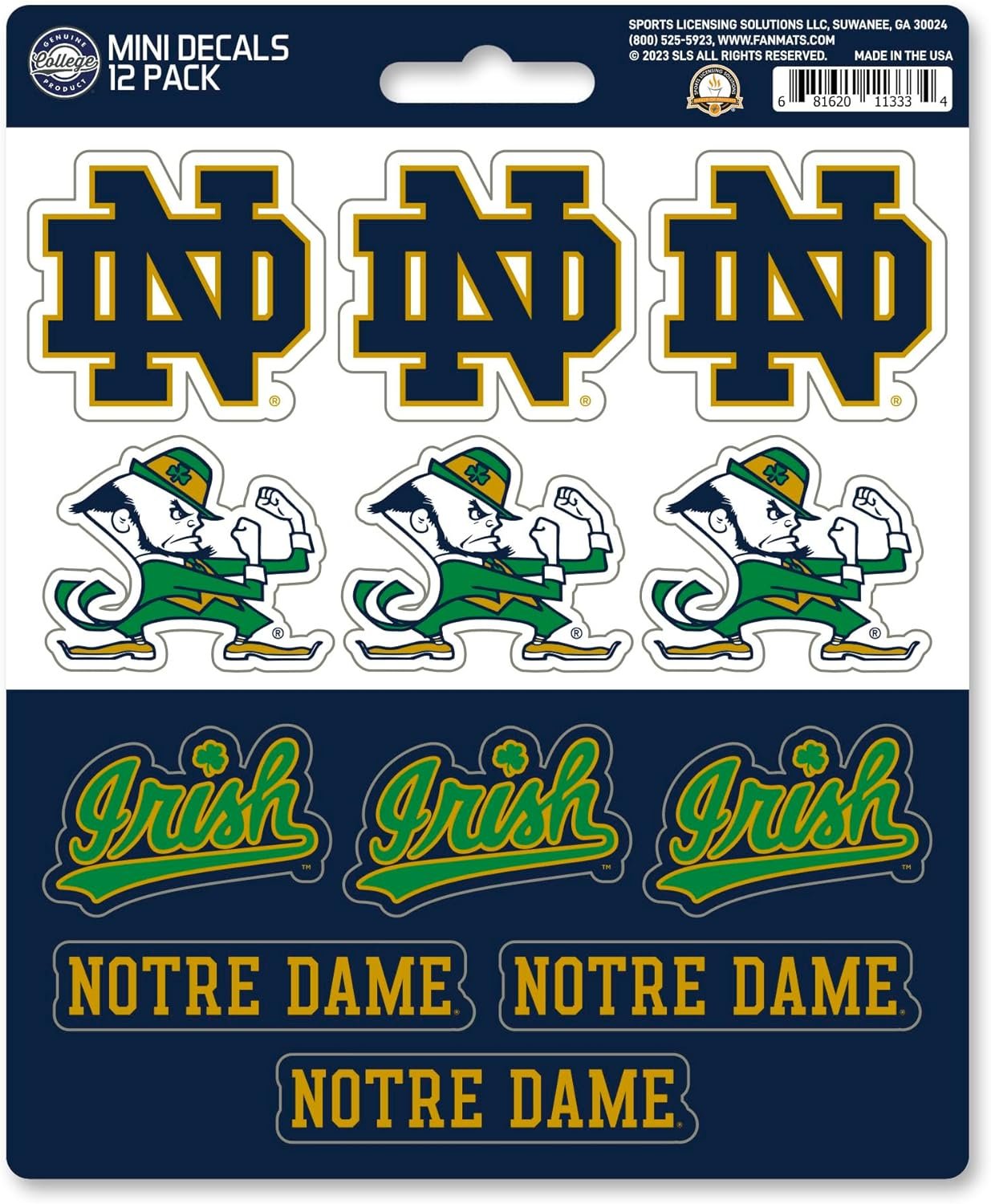 University of Notre Dame Fighting Irish 12-Piece Mini Decal Sticker Set, 5x6 Inch Sheet, Gift for football fans for any hard surfaces around home, automotive, personal items