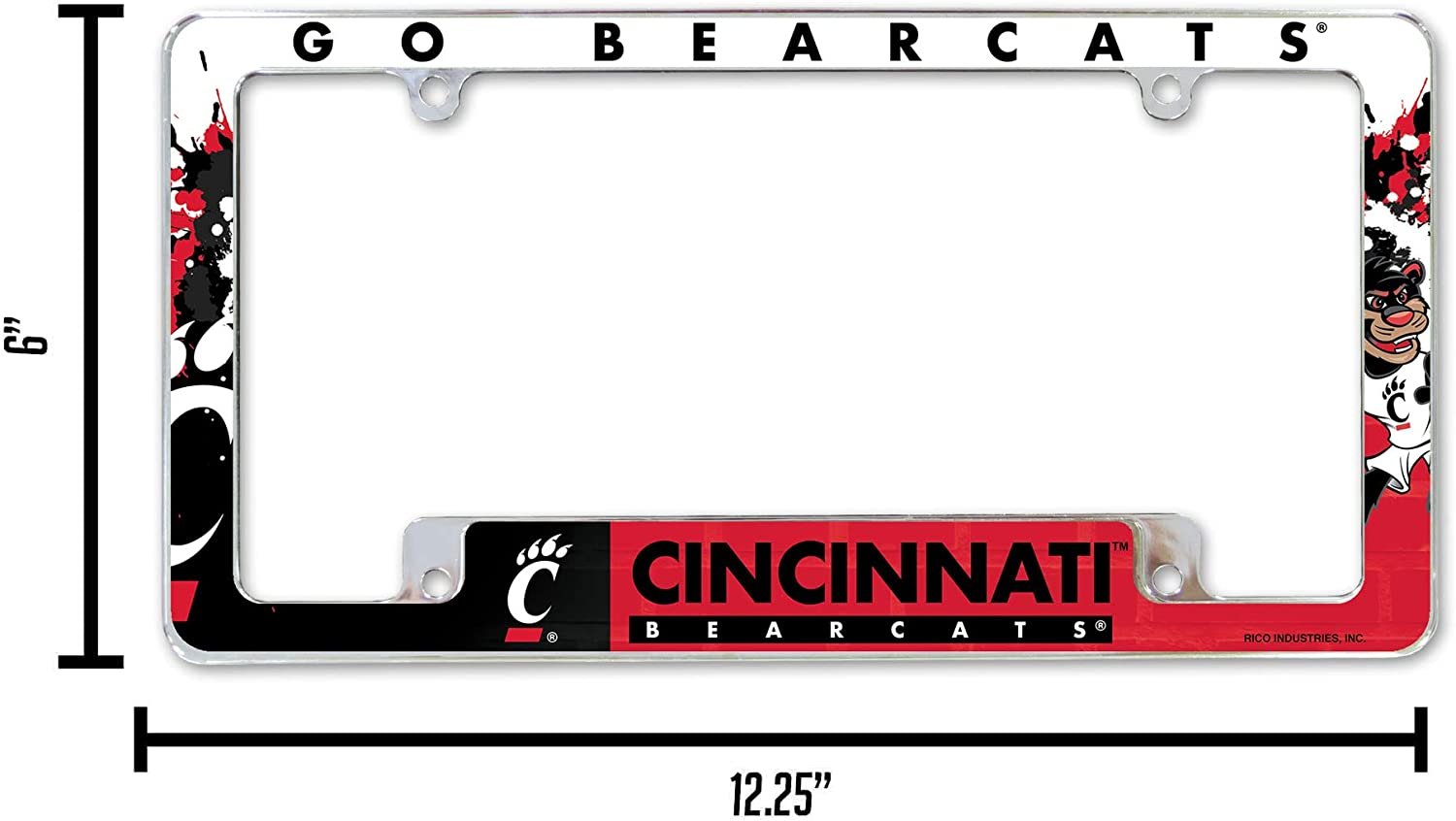 University of Cincinnati Bearcats Metal License Plate Frame Chrome Tag Cover All Over Design 6x12 Inch