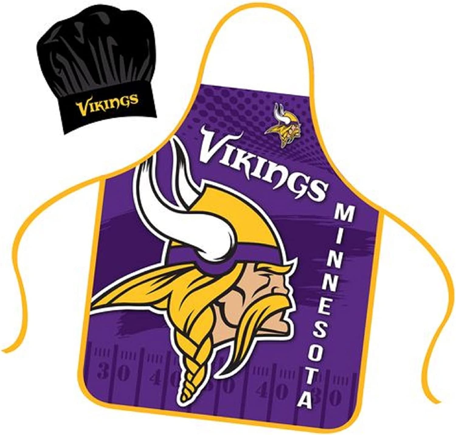 Minnesota Vikings Apron Chef Hat Set Full Color Universal Size Tie Back Grilling Tailgate BBQ Cooking Host