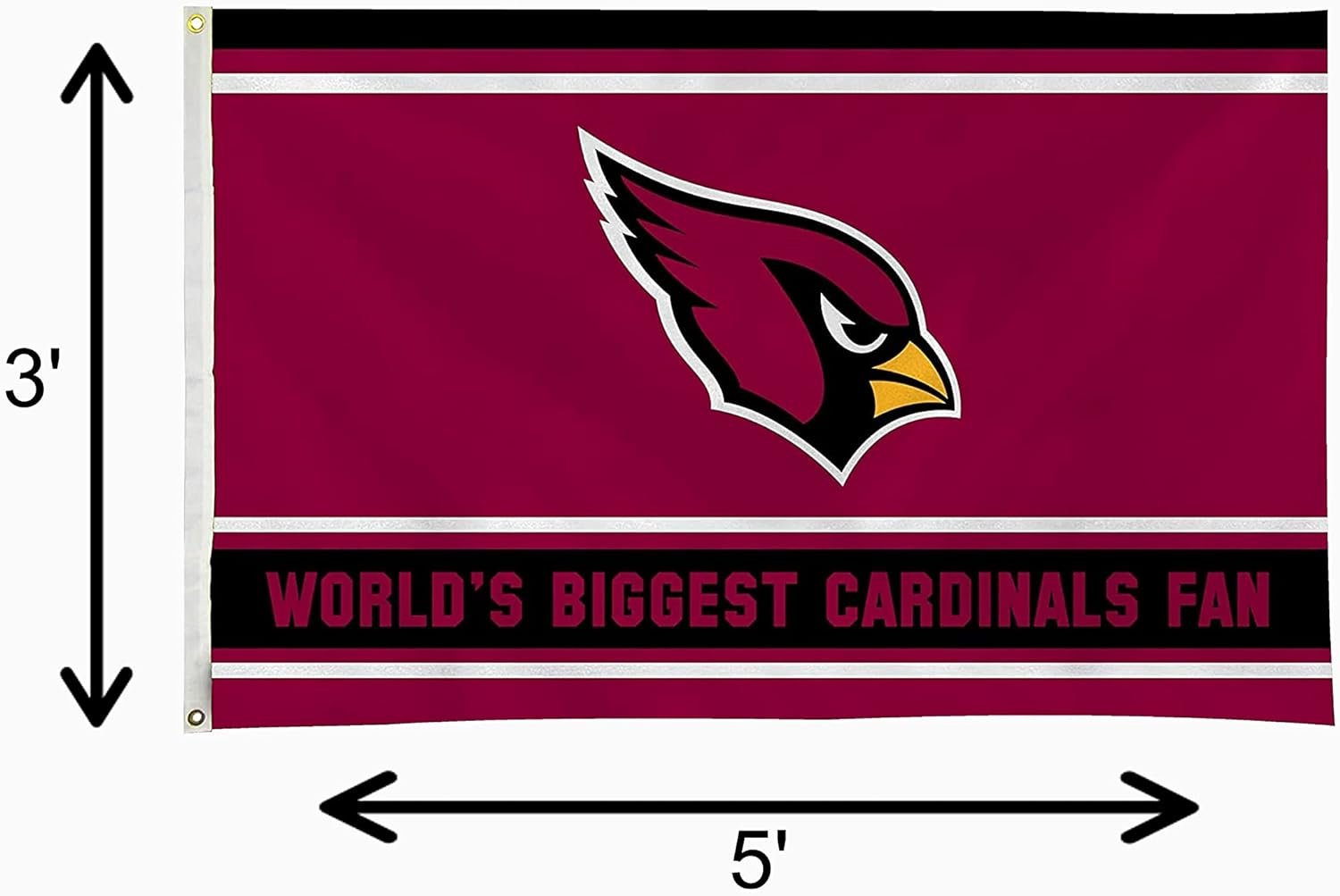 Arizona Cardinals 3x5 Feet Flag Banner, World's Biggest Fan, Metal Grommets, Single Sided, Indoor or Outdoor Use