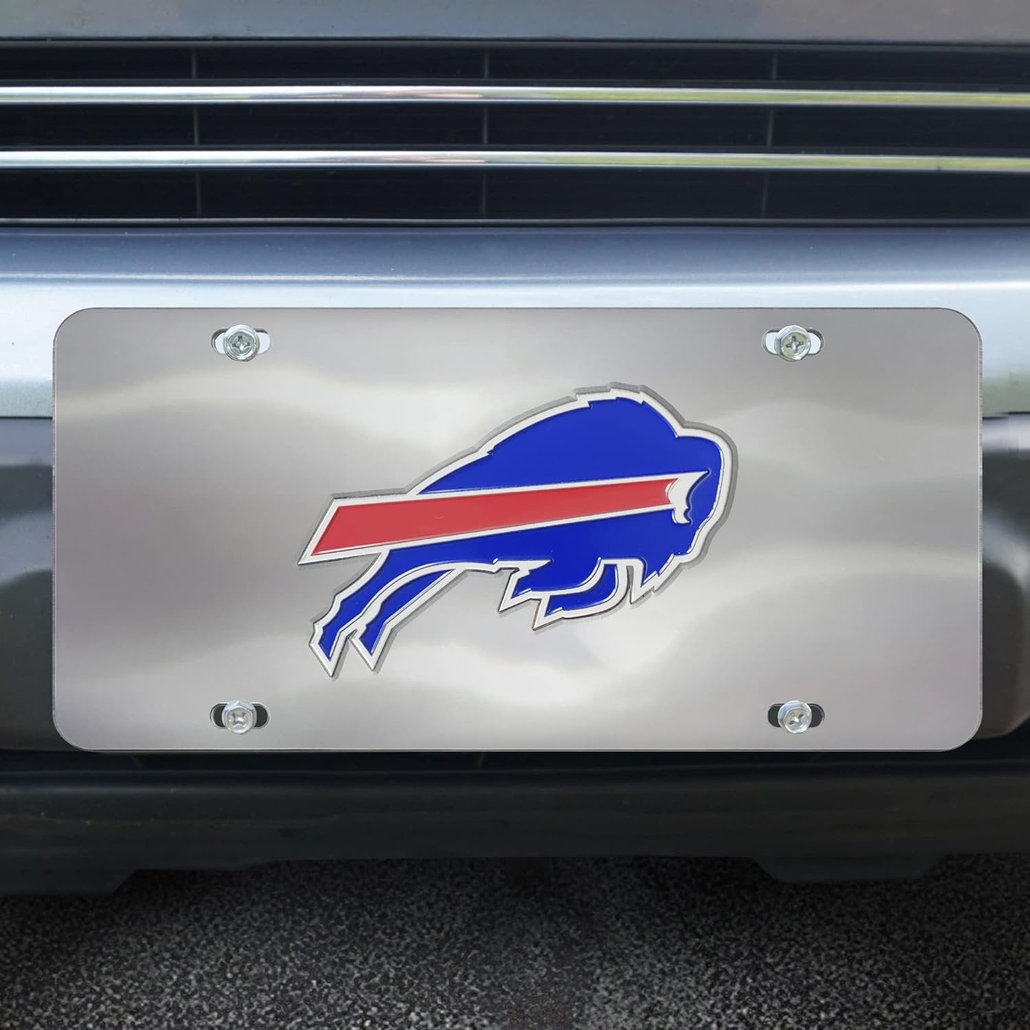 Buffalo Bills License Plate Tag, Premium Stainless Steel Diecast, Chrome, Raised Solid Metal Color Emblem, 6x12 Inch