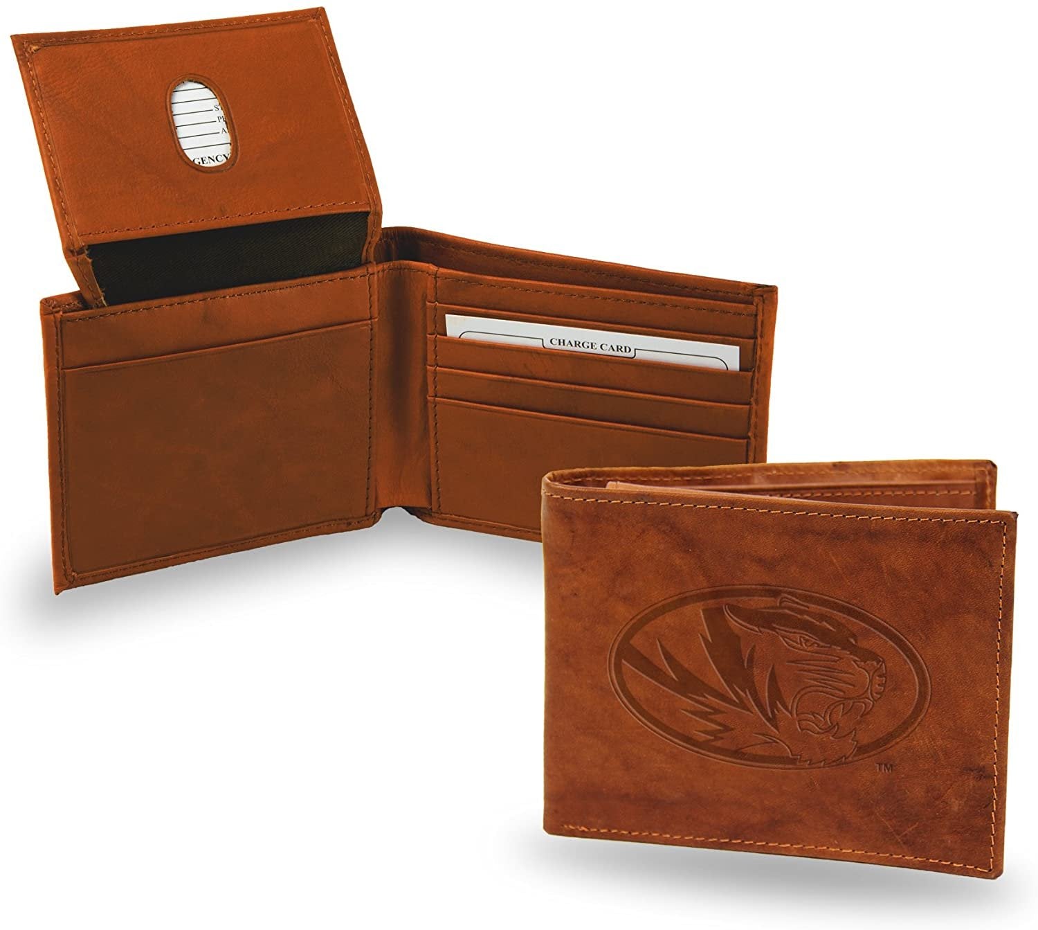 University of Missouri Tigers Premium Brown Leather Wallet, Bifold Billfold, Laser Engraved