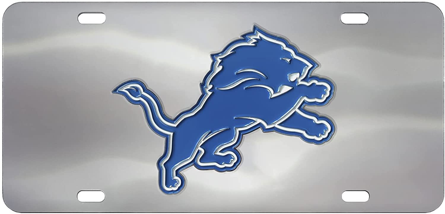 Detroit Lions License Plate Tag, Premium Stainless Steel Diecast, Chrome, Raised Solid Metal Color Emblem, 6x12 Inch