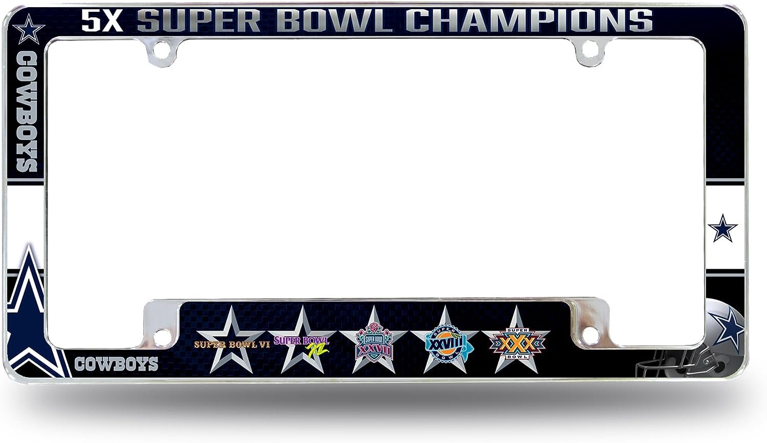 Dallas Cowboys 5-Time Champions Metal License Plate Frame Chrome Tag Cover Alternate Design 6x12 Inch