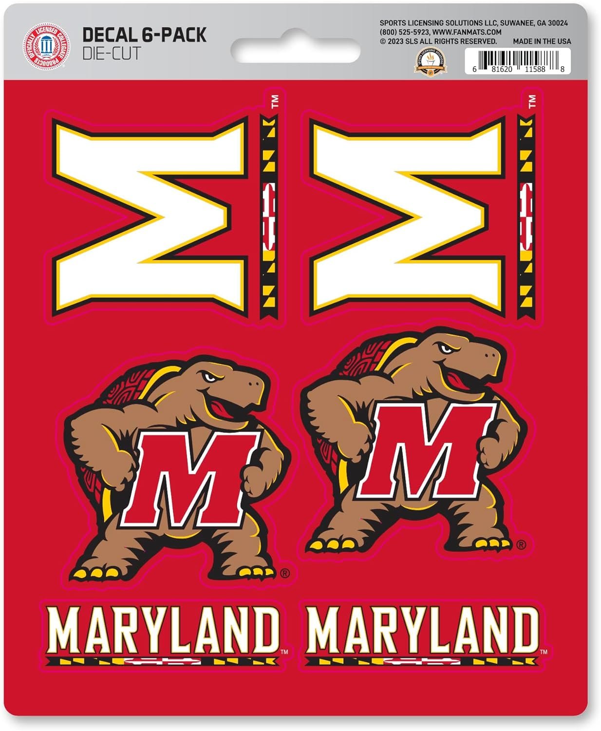 University of Maryland Terrapins 6-Piece Decal Sticker Set, 5x6 Inch Sheet, Gift for football fans for any hard surfaces around home, automotive, personal items