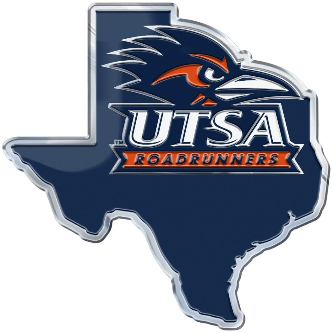 University of Texas San Antonio Roadrunners UTSA State Design Auto Emblem, Aluminum Metal, Embossed Team Color, Raised Decal Sticker, Full Adhesive Backing