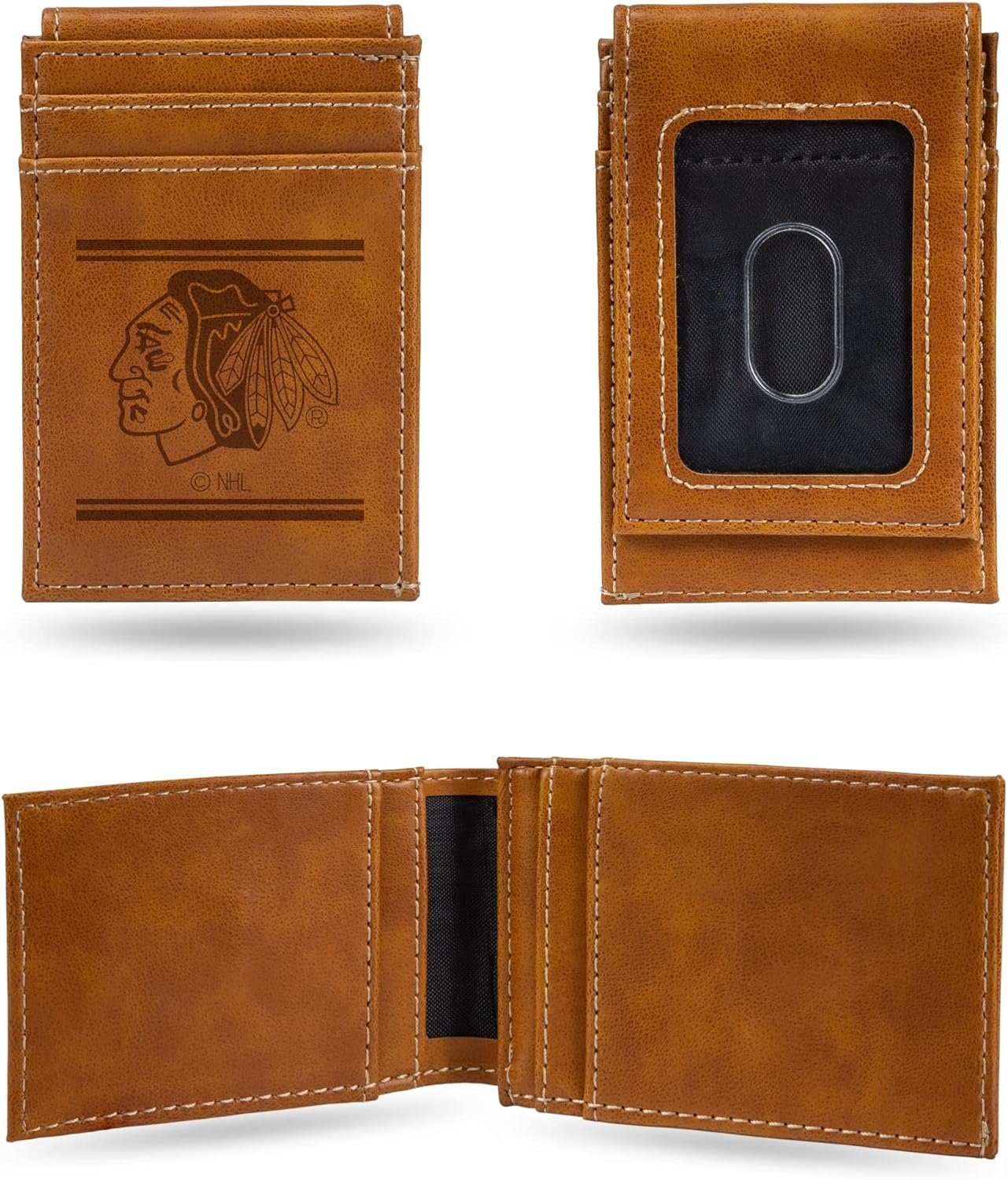 Chicago Blackhawks Premium Brown Leather Wallet, Front Pocket Magnetic Money Clip, Laser Engraved, Vegan