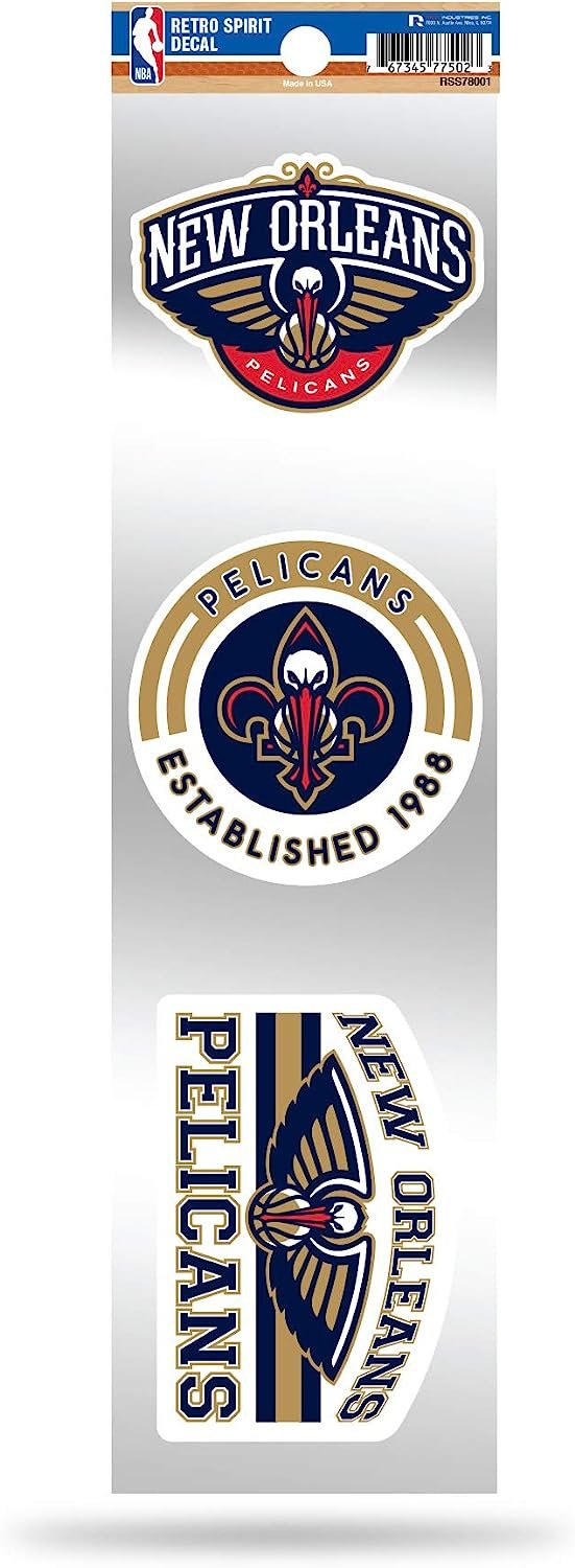 New Orleans Pelicans 3-Piece Retro Decal Sticker Sheet, Die Cut, Clear Backing, 3x12 Inch