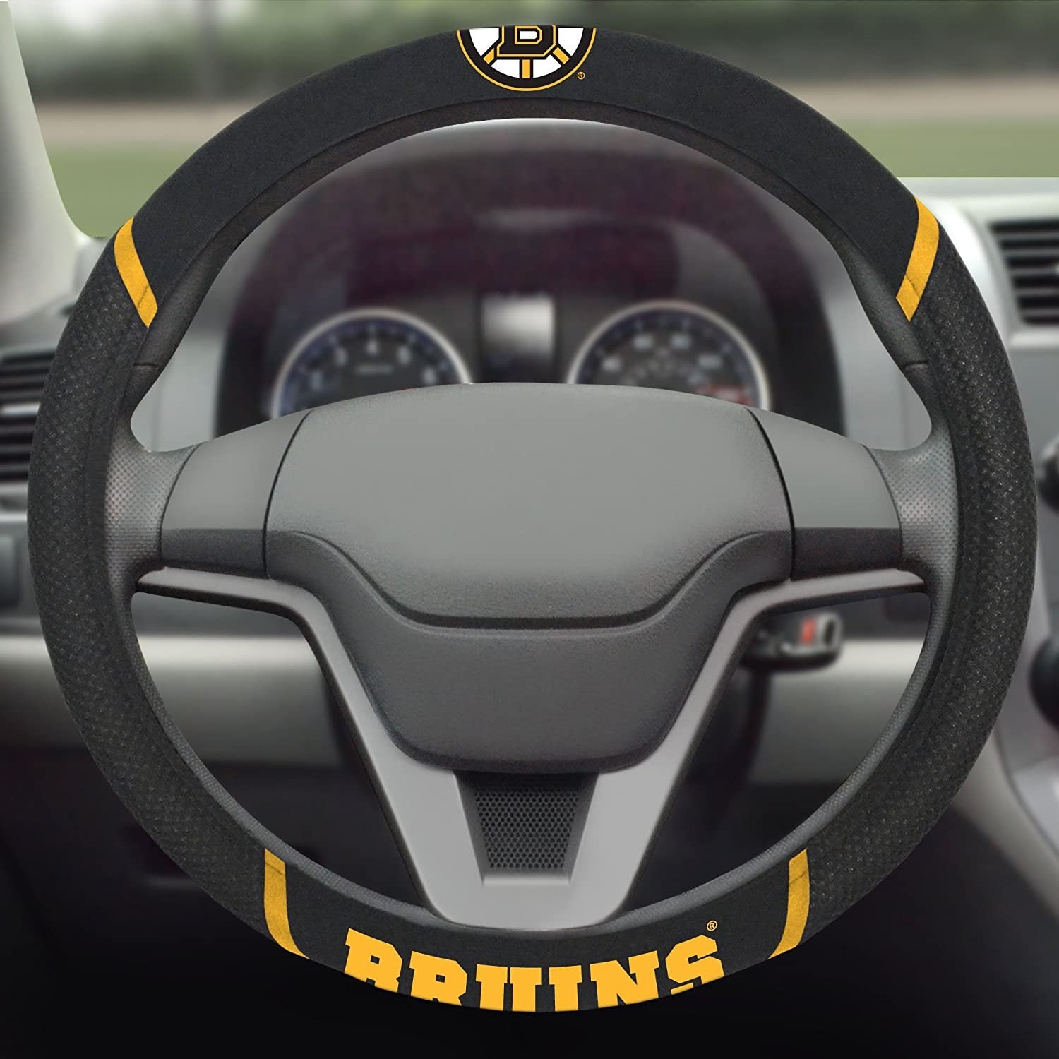 Boston Bruins Steering Wheel Cover Premium Embroidered Black 15 Inch