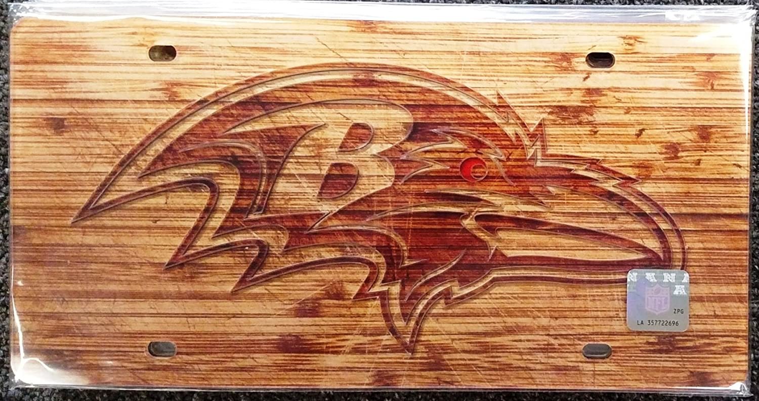 Baltimore Ravens Premium Laser Cut Tag License Plate, Woodgrain Design, Mirrored Acrylic Inlaid, 6x12 Inch