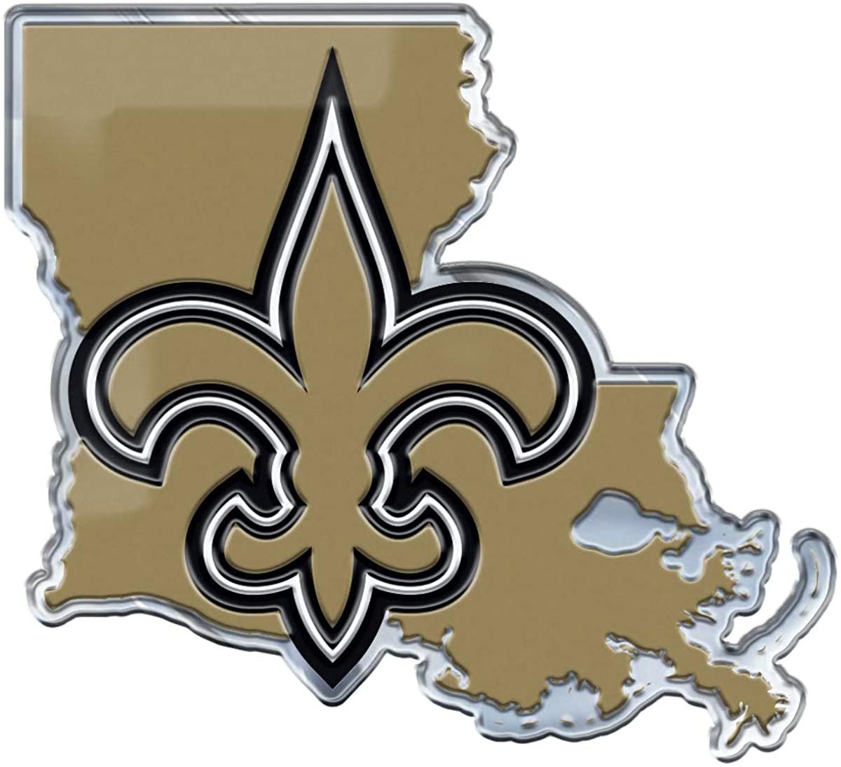 New Orleans Saints Team State Design Auto Emblem, Aluminum Metal, Embossed Team Color, Raised Decal Sticker, Full Adhesive Backing