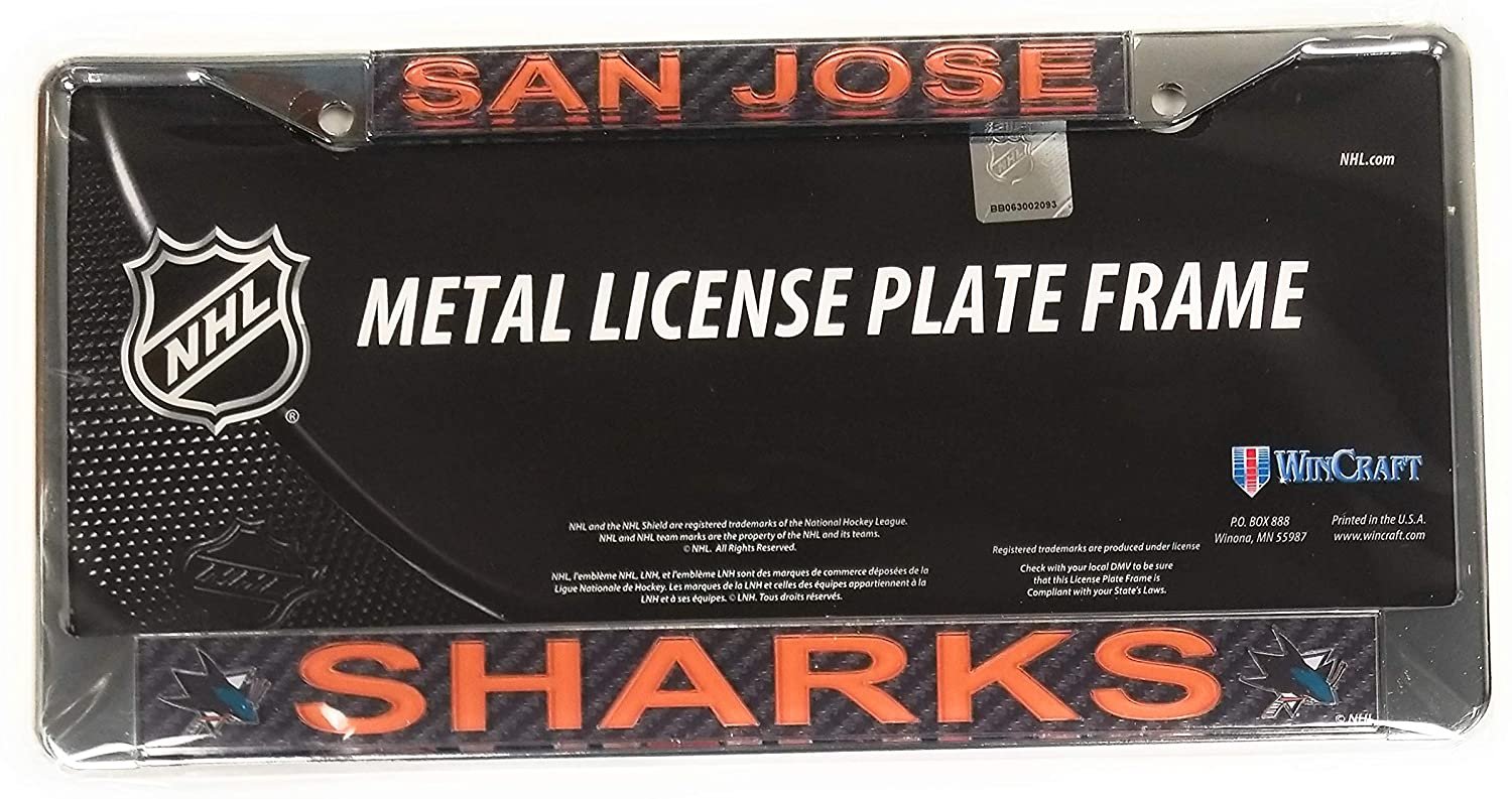 San Jose Sharks Metal License Plate Frame Chrome Tag Cover, Carbon Fiber Design Acrylic Mirrored Inserts, 12x6 Inch