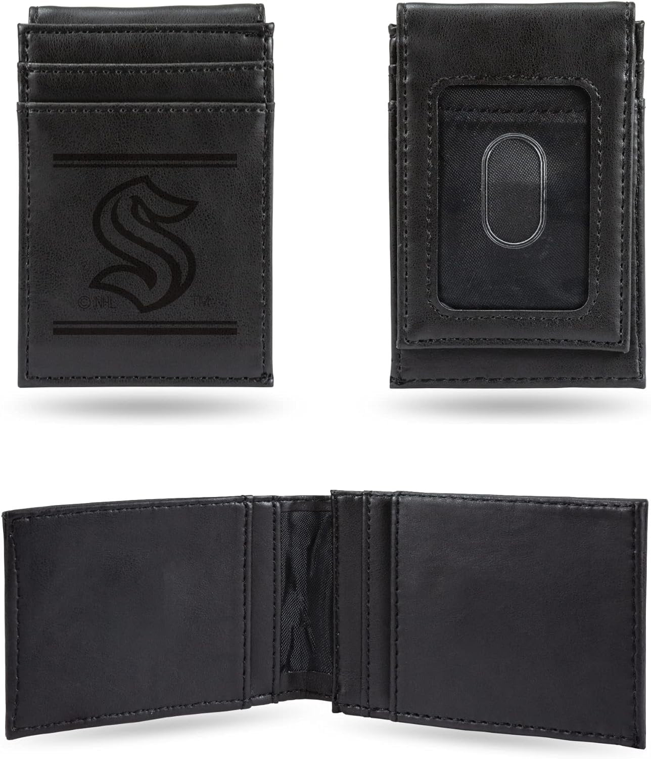Seattle Kraken Premium Black Leather Wallet, Front Pocket Magnetic Money Clip, Laser Engraved, Vegan