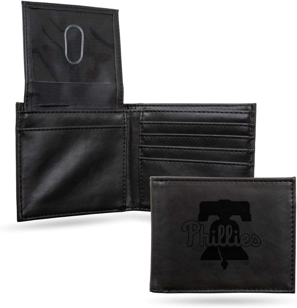 Philadelphia Phillies Premium Leather Wallet, Black, Bifold Billfold, Laser Engraved
